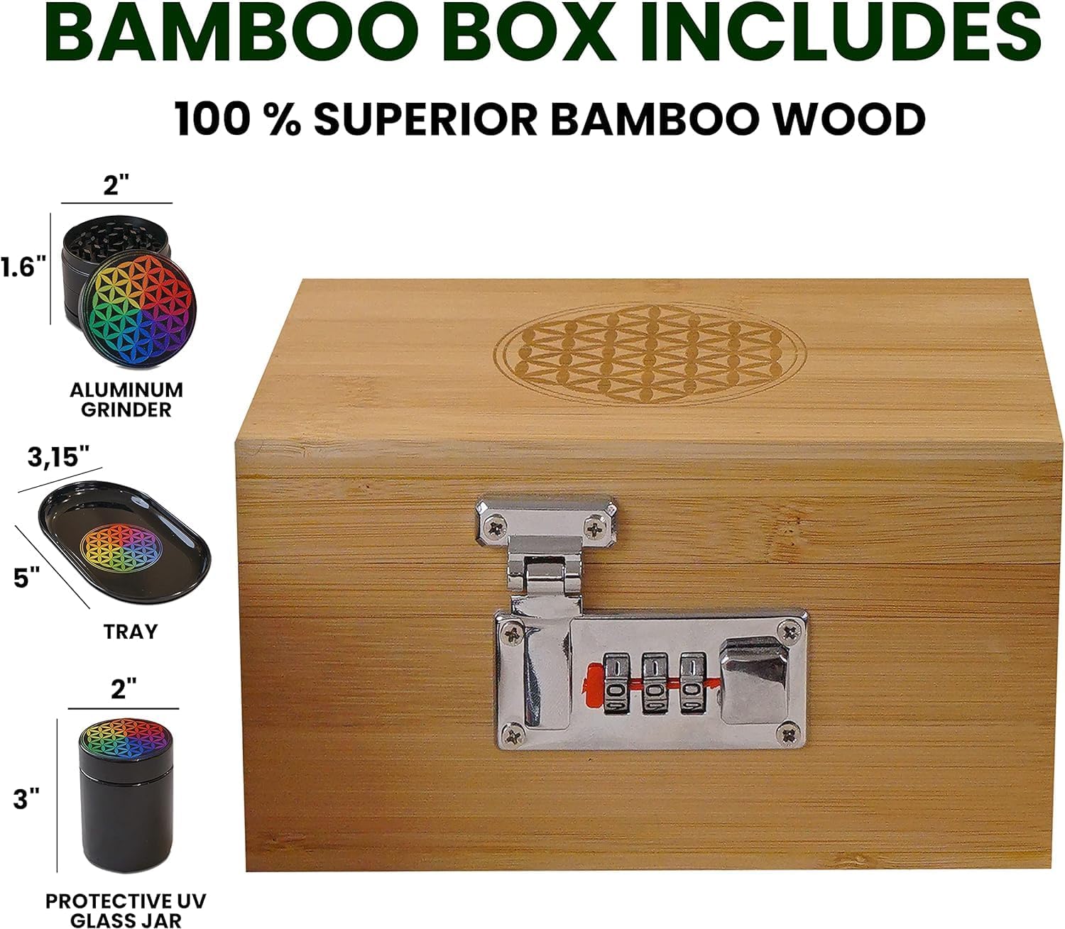 Miracles Bamboo Storage Box - Decorative Storage Box with Lid and Combo Lock - Bamboo Box with Accessories for Making Tea and Storing Herbs and Spices, Stronger Than the Wooden Box