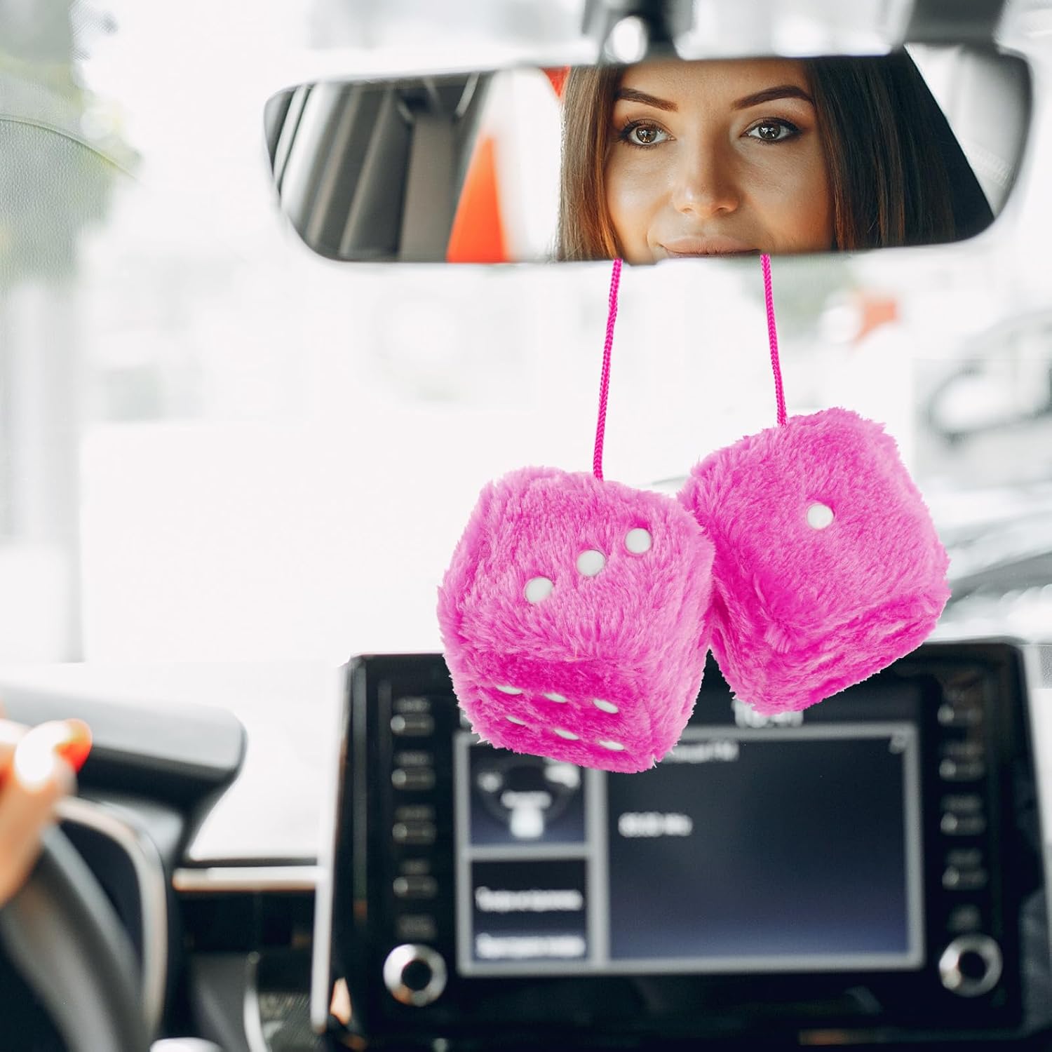 Pair of 2.75” Fuzzy Dice for Car Mirror, Retro Hanging Ornament with White Dots, Plush Car Interior Decoration, Pink