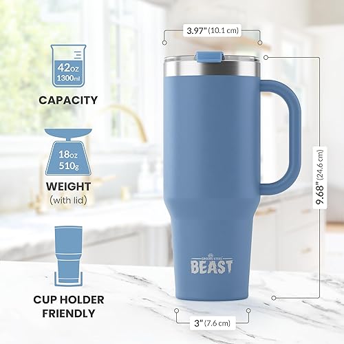 Miniatura 3 de Vaso de acero inoxidable BEAST con aislamiento al vacío de doble pared, para café o bebida fría, termo de viaje, 42 onzas (azul cielo tormenta)
