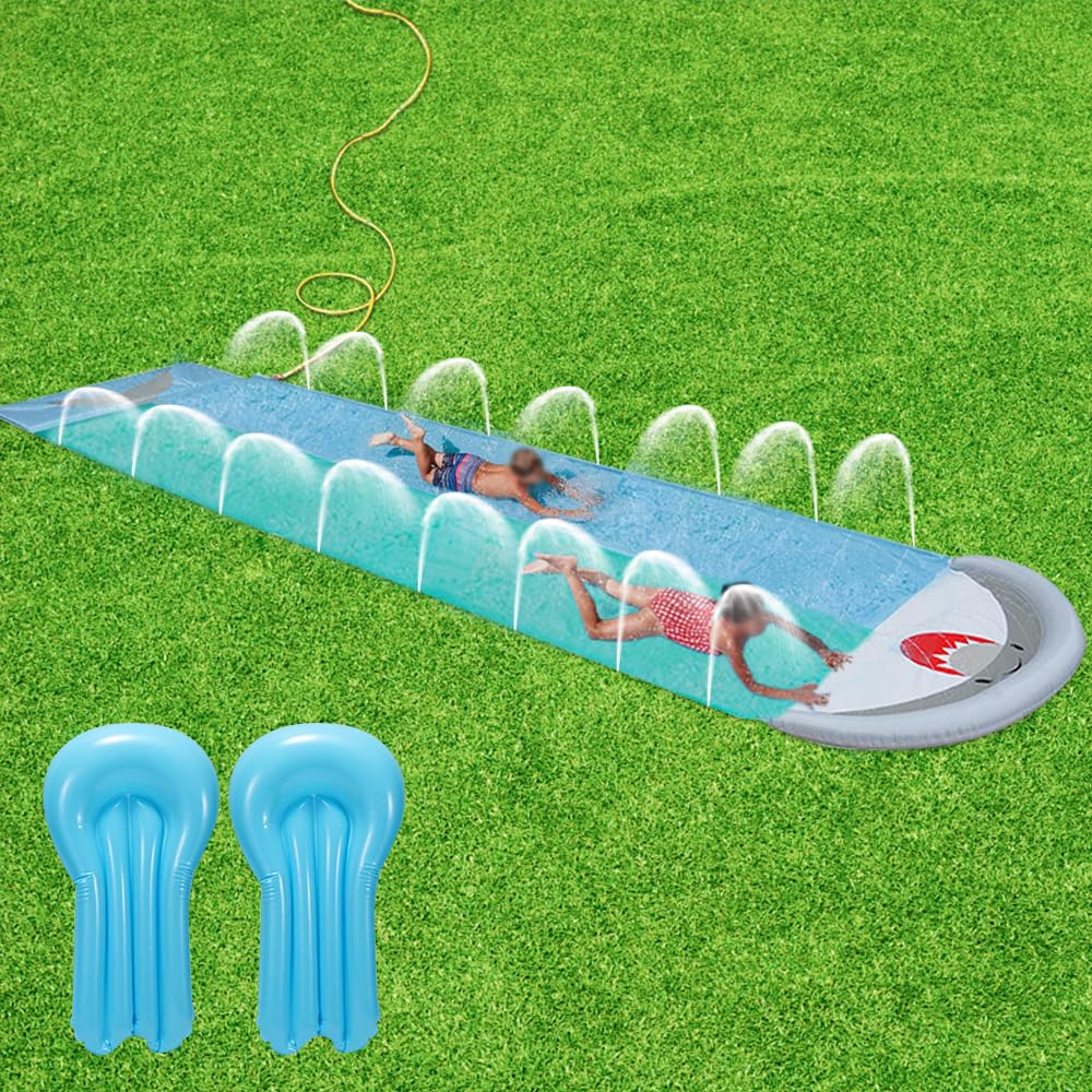 Wasserrutsche Garten 550x145cm aufblasbar mit 2 Bodyboards eingebautem Sprinkler Hai-Stil