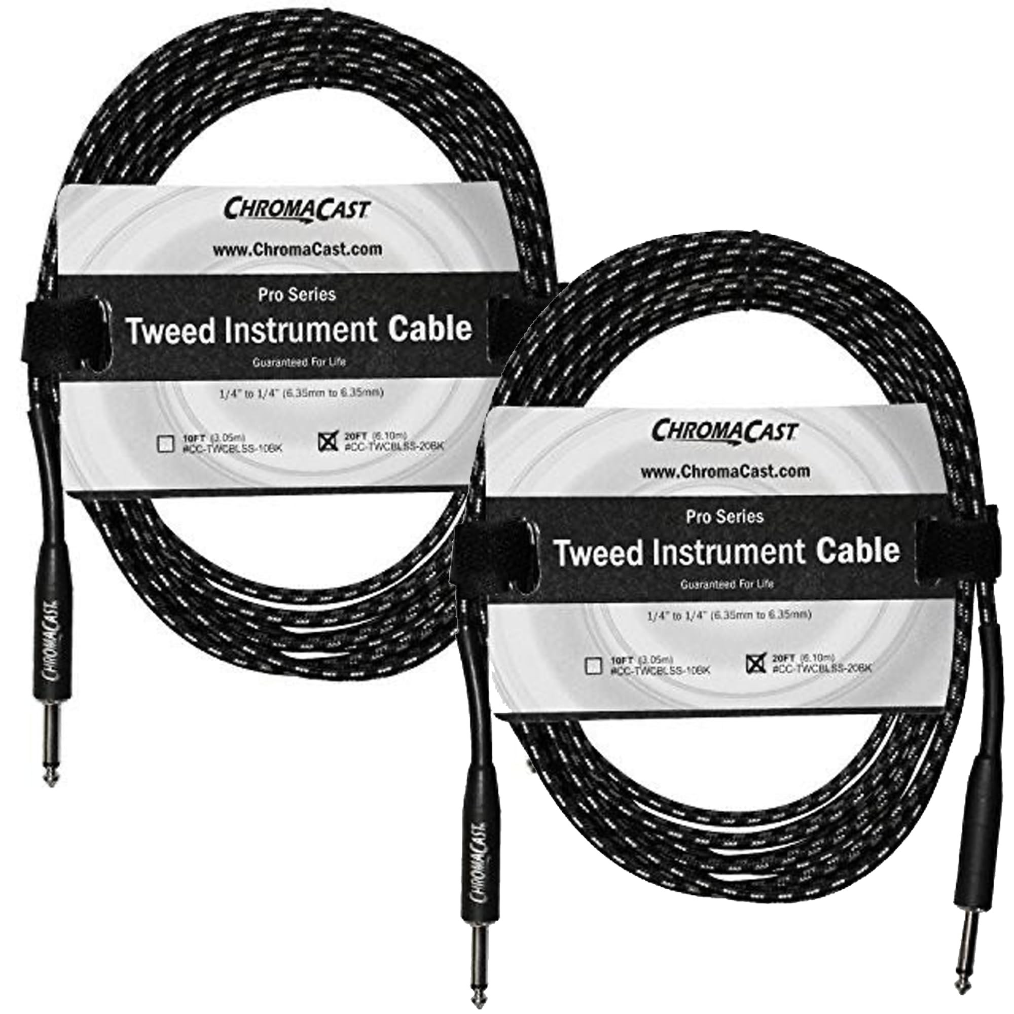 ChromaCast 2 Pack 14 Inch Tweed Cloth Jacket StraightStraight Guitar Cord Instrument Cable for Electric Guitar, 20 Foot, Black White
