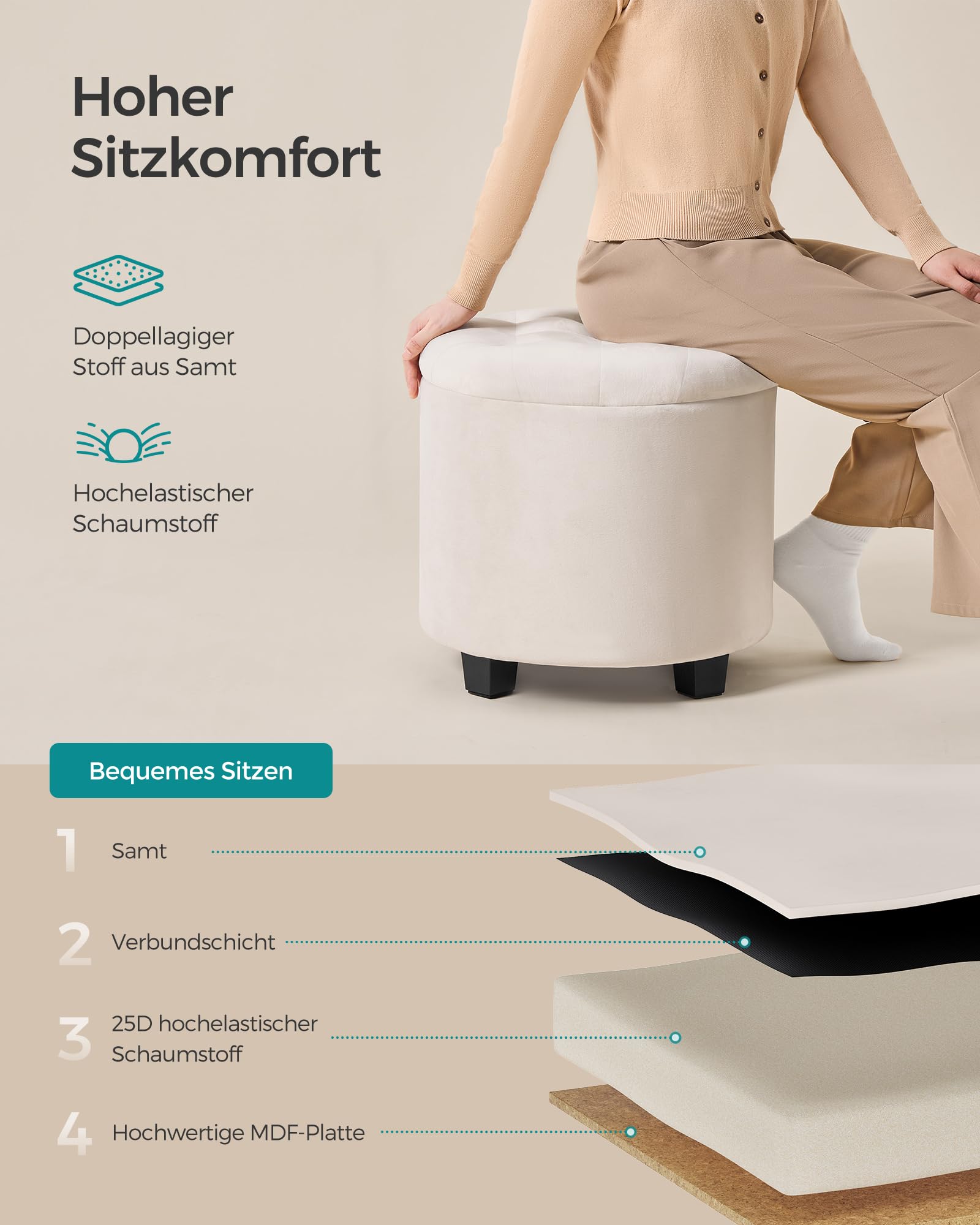 SONGMICS Sitzhocker rund, Fußhocker mit Stauraum, Schminkhocker mit Füßen, 45 x 45 x 44,5 cm, Samt, bis 150 kg belastbar, für Wohnzimmer Schlafzimmer, cremeweiß LOM012W01
