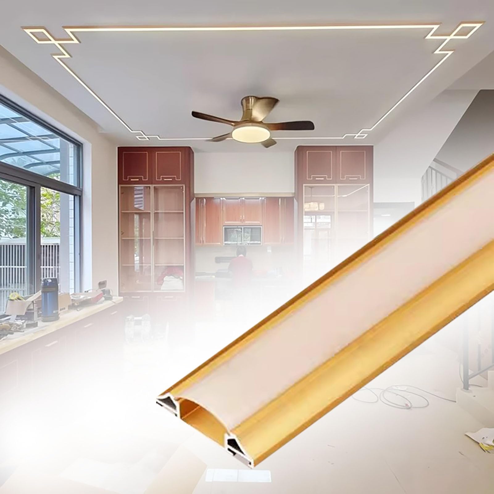 Profili per Strisce Led Canale LED in Alluminio in Stile Orientale per Soffitto, Diffusore per Modanatura a Corona con Illuminazione Indiretta a LED Color Oro, Copertura Flessibile per Illuminazione(9
