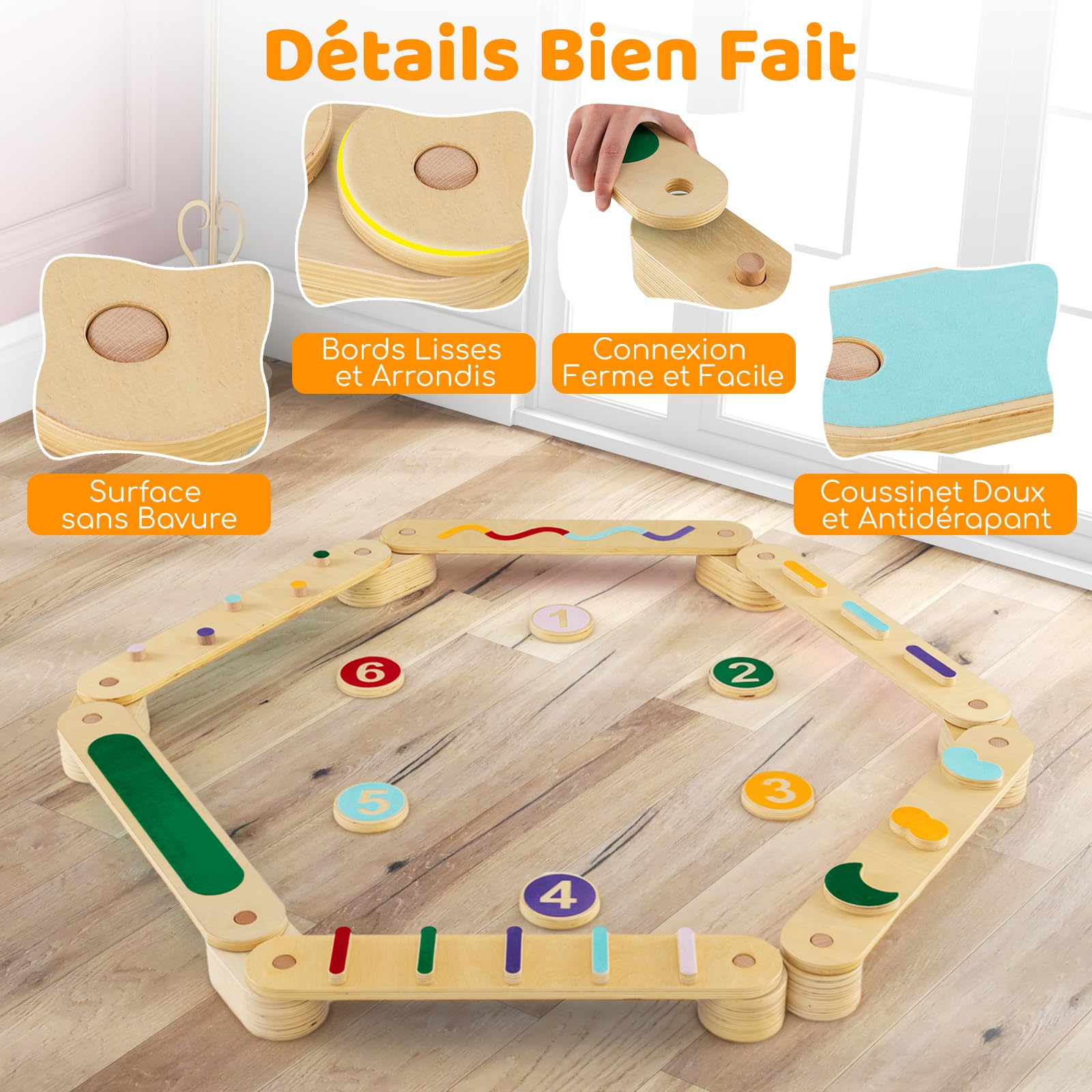 COSTWAY Poutre d'équilibre en Bois Enfant avec Pierres d'obstacle Colorées, Jouets Montessori d'entraînement d'équilibre avec Design Double Face, Charge 60kg pour Tout-petits de 1 An+