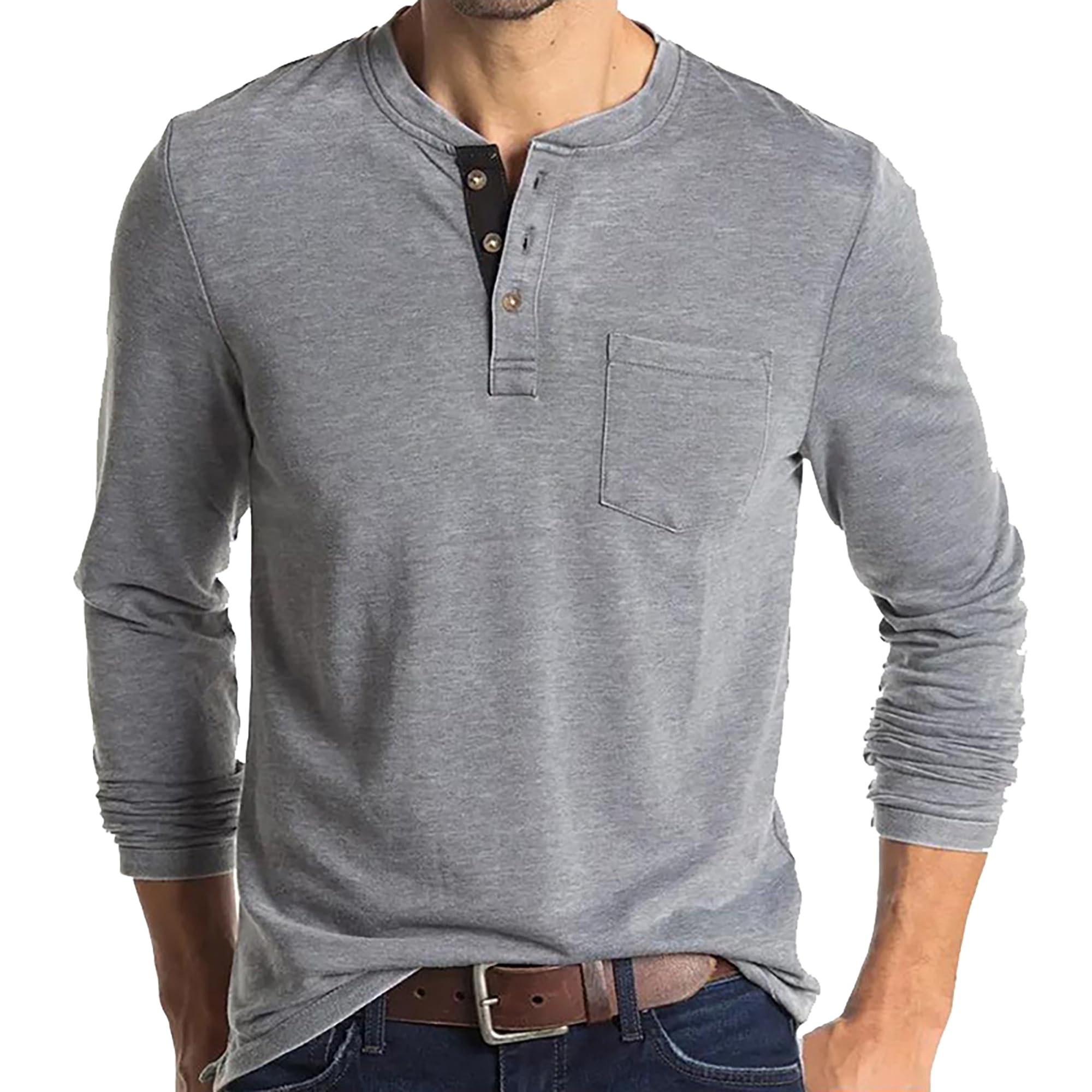 Henley Shirt Herren Langarm mit Einer Tasche auf der Vorderseite Einfarbig Hemd Sommer Frühling Lässige Oberteile
