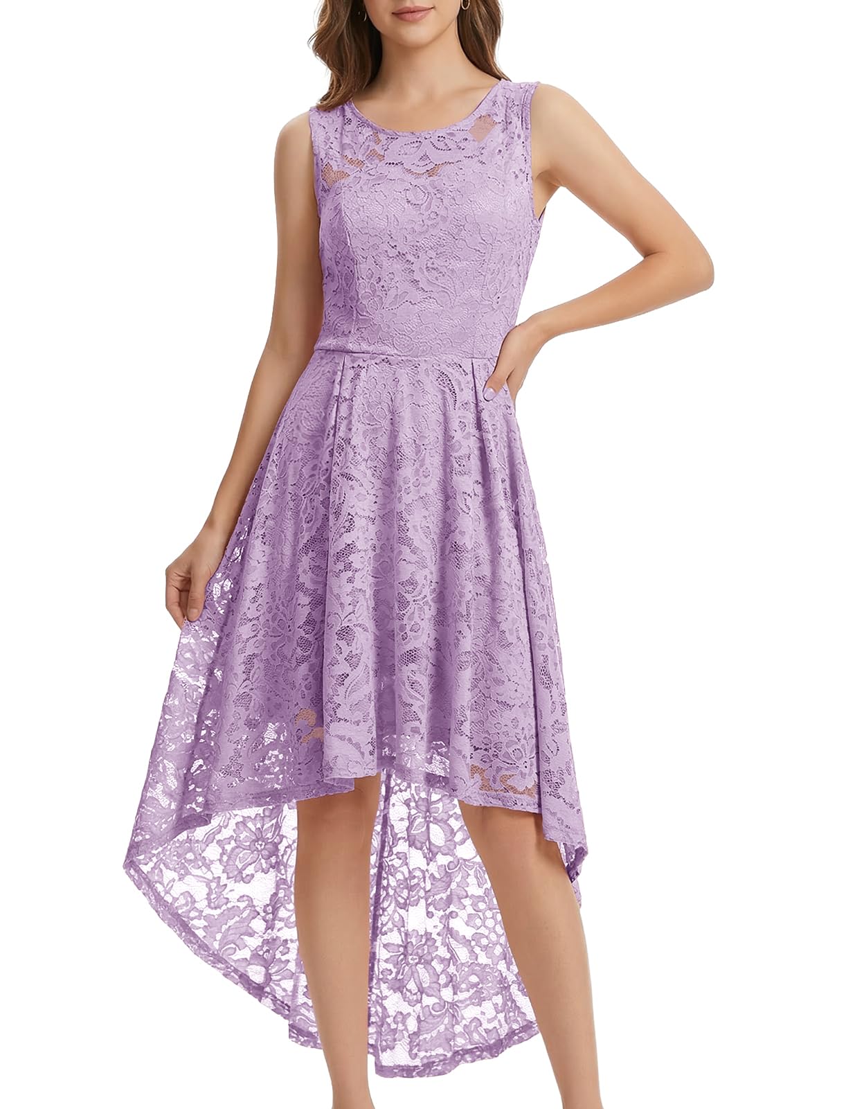 MUADRESS Wedding Guest Dress for Women Sleeveless Tank Strap Floral Lace Hi-Lo Cocktail Dresses for Evening Party