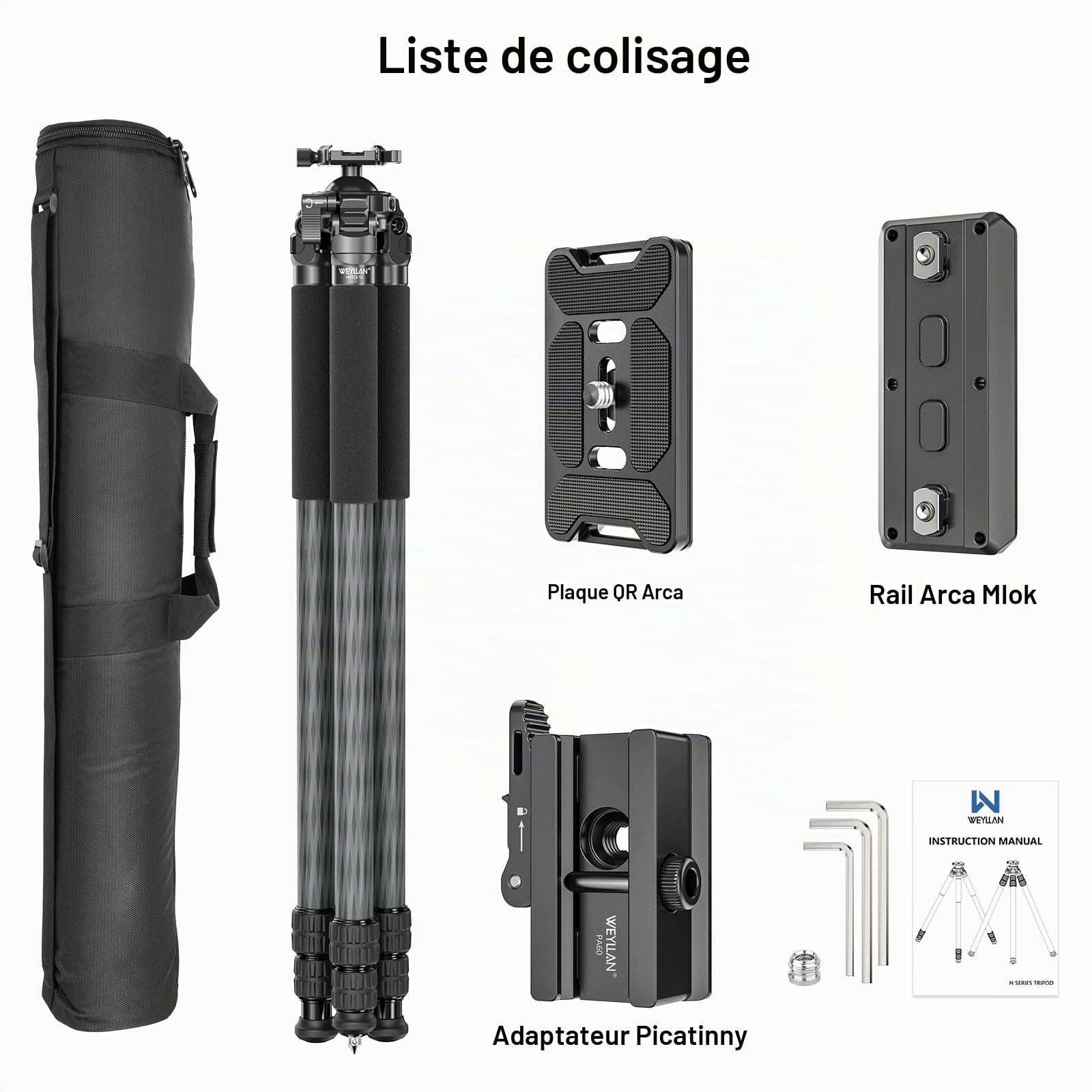 WEYLLAN HU323K Trépied en Fibre de Carbone pour la Chasse, avec 52mm Rotule, 80mm MLOK Arca Rail, Plaque Arca QR, Arca to Picatinny Adapter, pour la Chasse et Le Tir, Charge Maximale 25 kg