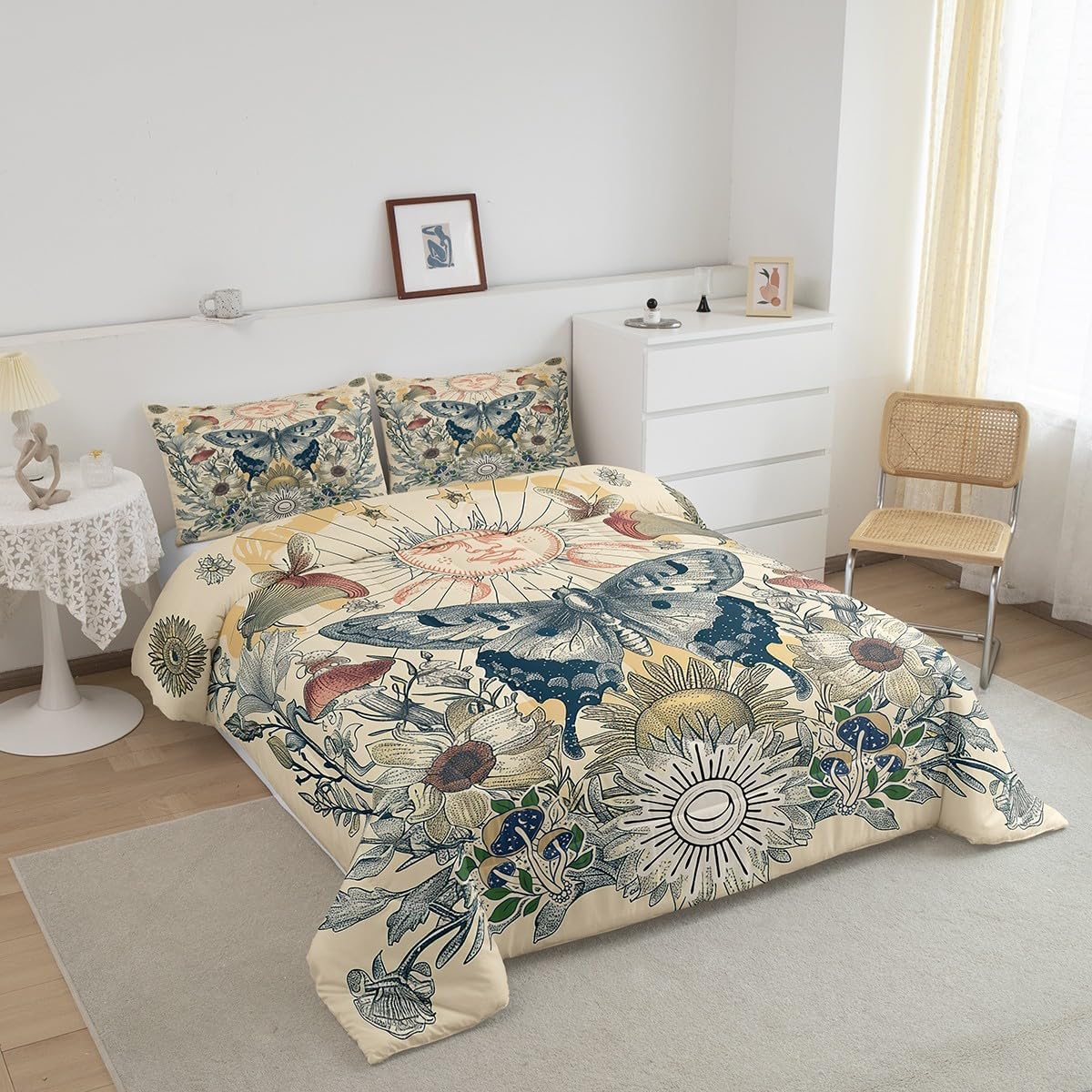 Erosebridal Hippie Butterfly Bedding Sets King Sun and Moon Comforter Set, Groovy Floral Down Comforter Sunflower Mushroom Bed Set, 60s 70s Vintage Flower Quilted Duvet, All Seeing Eyes Decor