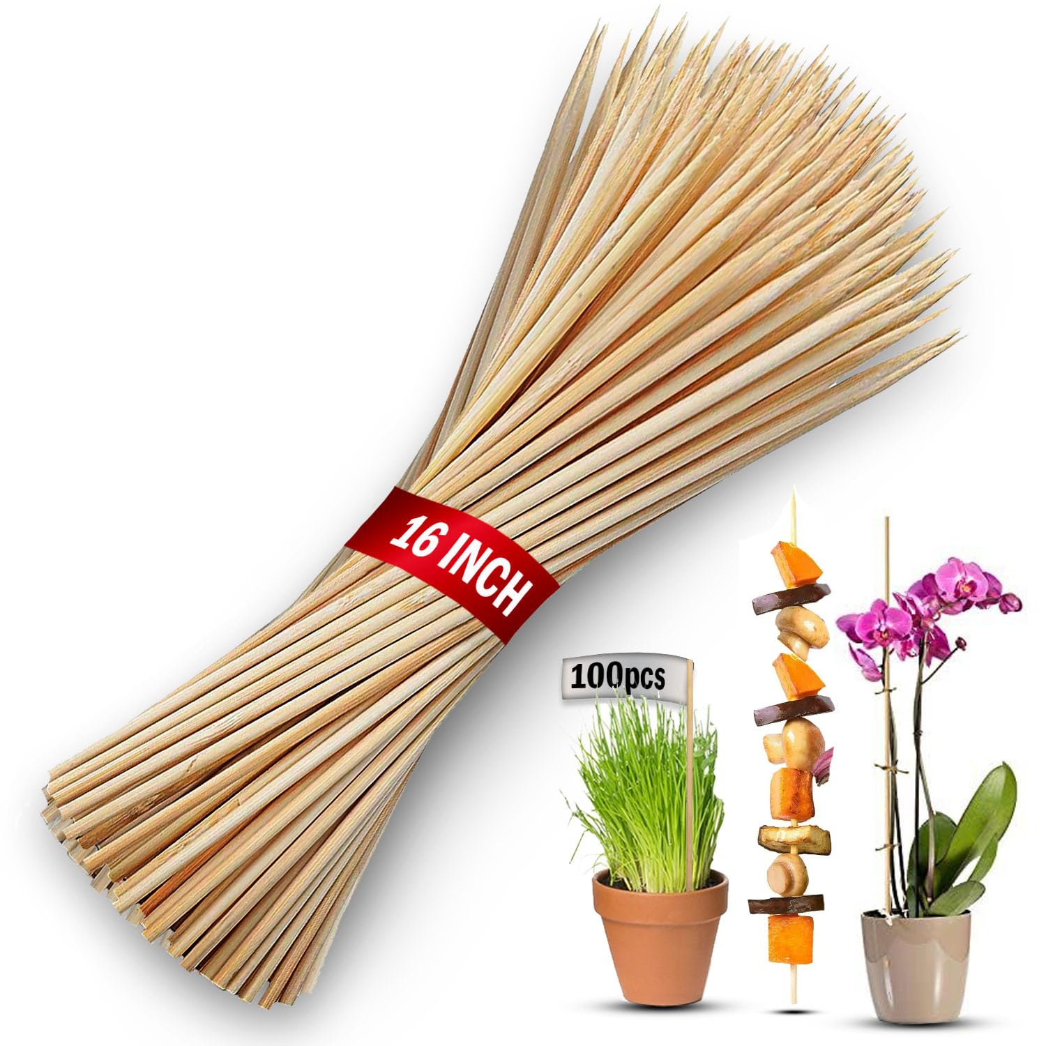 100 Pack 16" Bamboo Plant Stakes, Garden Sticks for Plant Support Tomato Floral Potted, Indoor Gardening Wooden Sign Posting and Other Crafts Long Natural Wood Skewers (100pc - 16 inch)