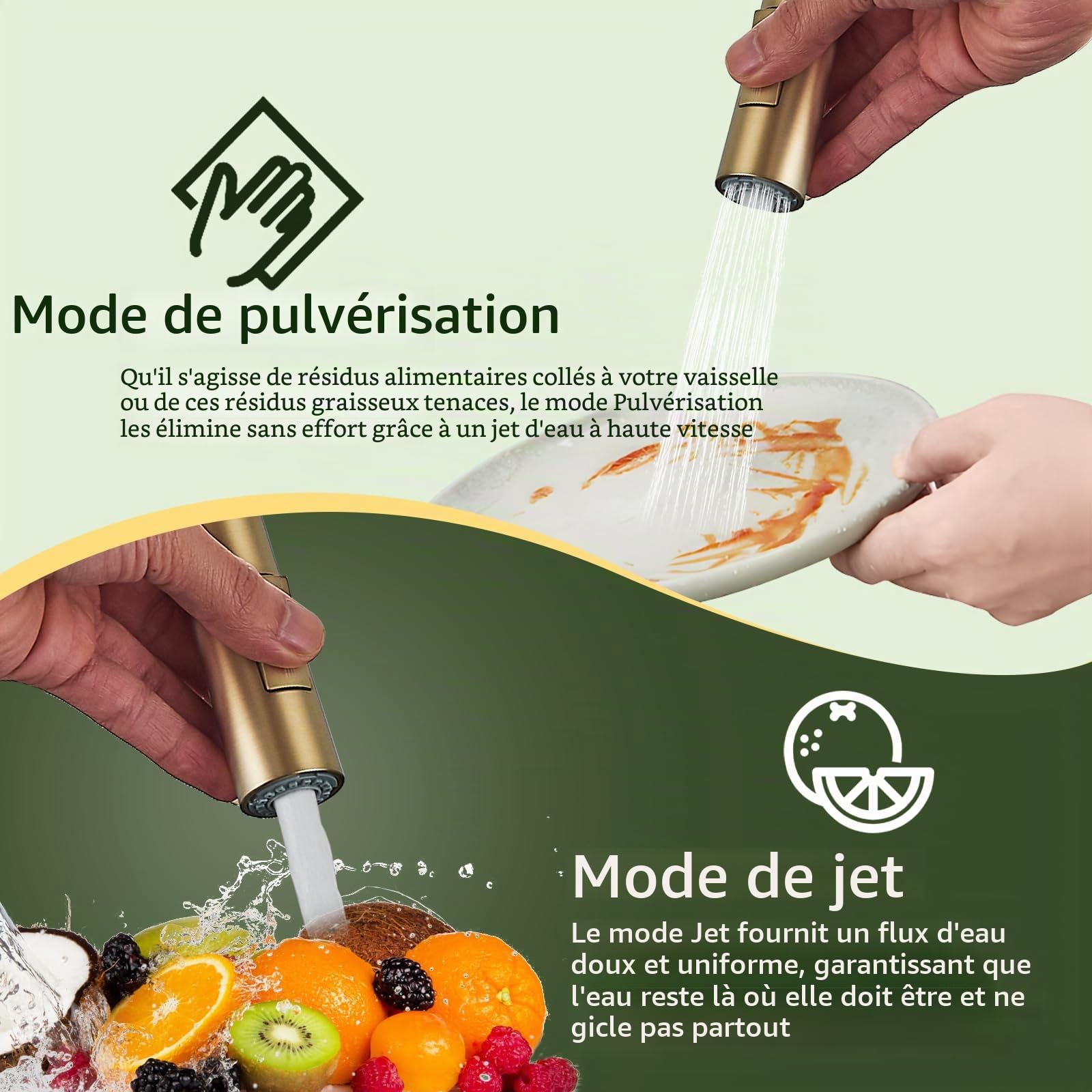 Suguword Robinet de cuisine doré brossé avec douchette à tirette, bec à grand arc, mitigeur à poignée unique en acier inoxydable, tête de pulvérisation à double fonction