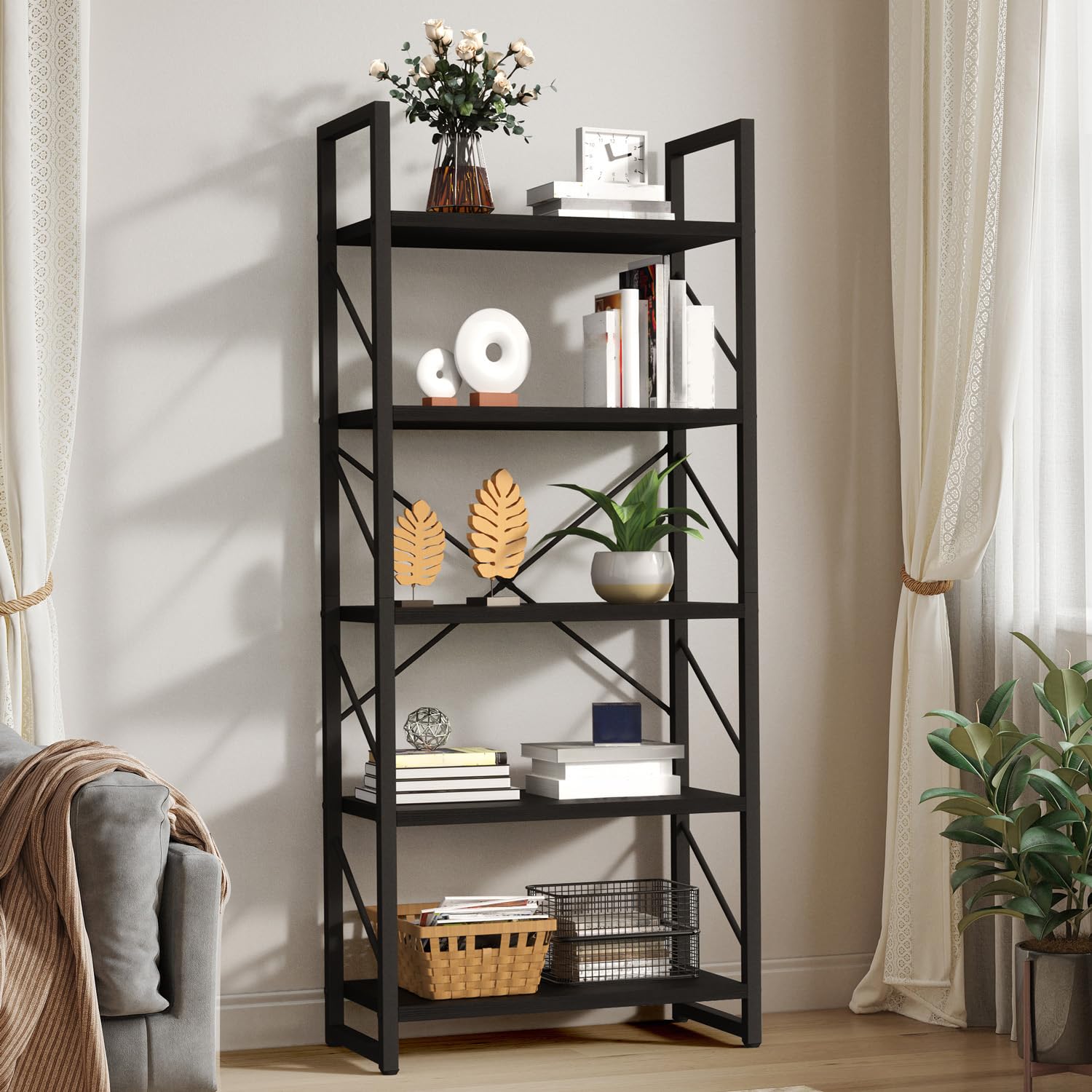 YITAHOME 5 Tiers Bookshelf, Artsy Modern Bookcase, Book Rack, Storage Rack Shelves Books Holder Organizer for Books/Movies in Living Room/Home/Office - Black