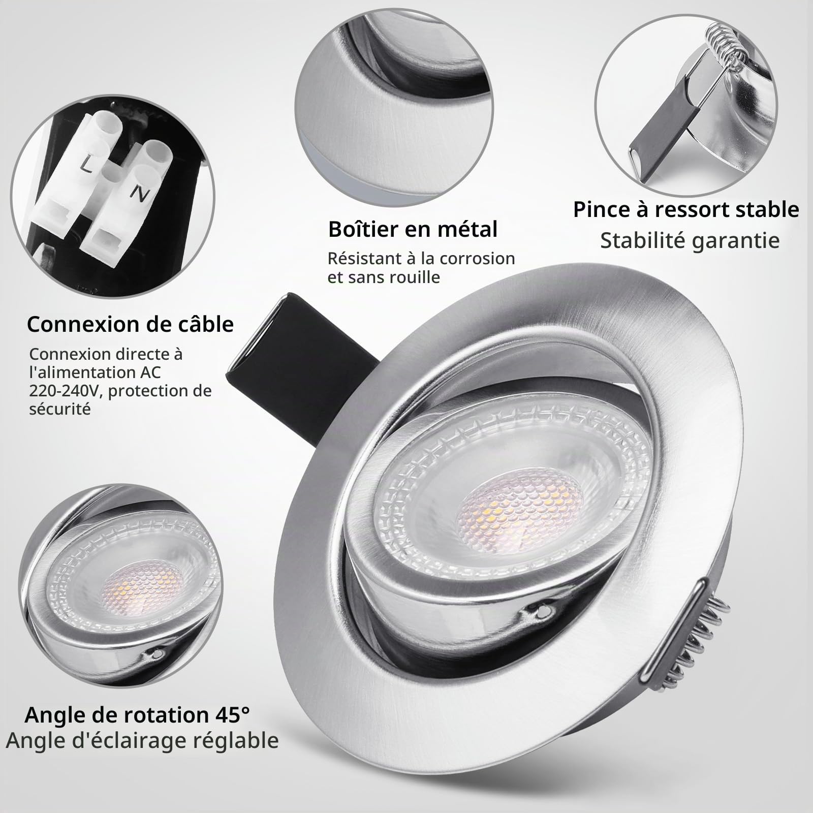 Spot LED Encastrable Orientable, 5W Spot Led Plafond Dimmable 220V Blanc Neutre 4000K 500LM Spot Encastrable LED Extra Plat, IP44 Spots Encastrés Ø68-75mm, Chambre, Salon, Salle de Bain, Lot de 6