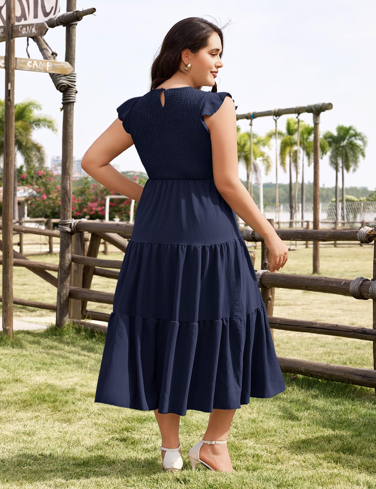 Sommerkleid Damen Große Größen Kleider Sommer Elegant Rundhals Flatterärmel Maxikleider Elastische Taille A Linie Casual Maxi Kleider Strandkleid Lang Freizeitkleid