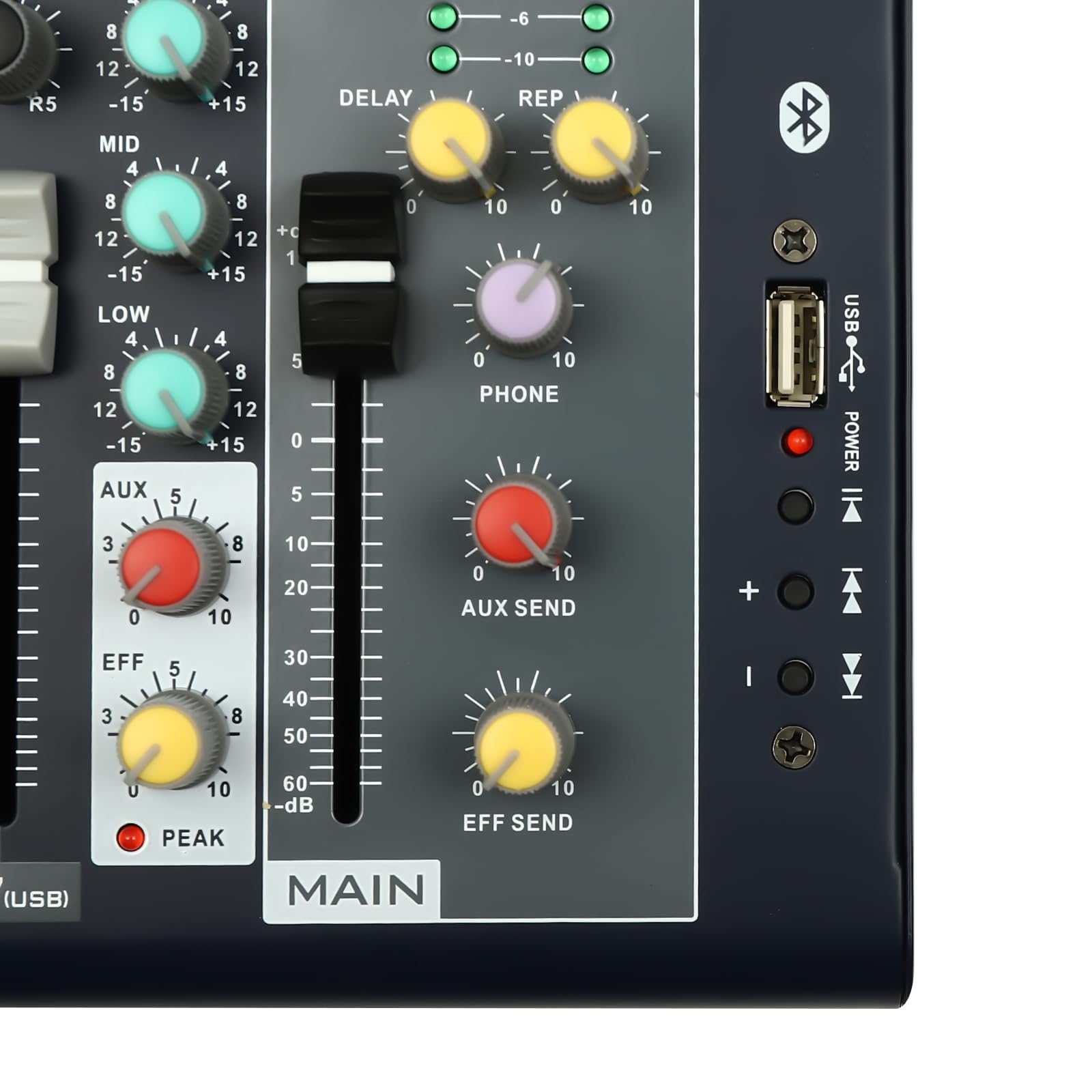 Mixer, mixer audio a 7 canali con Bluetooth, amplificatore audio USB, console mixer per live, registrazione, PC, karaoke e voce di gioco