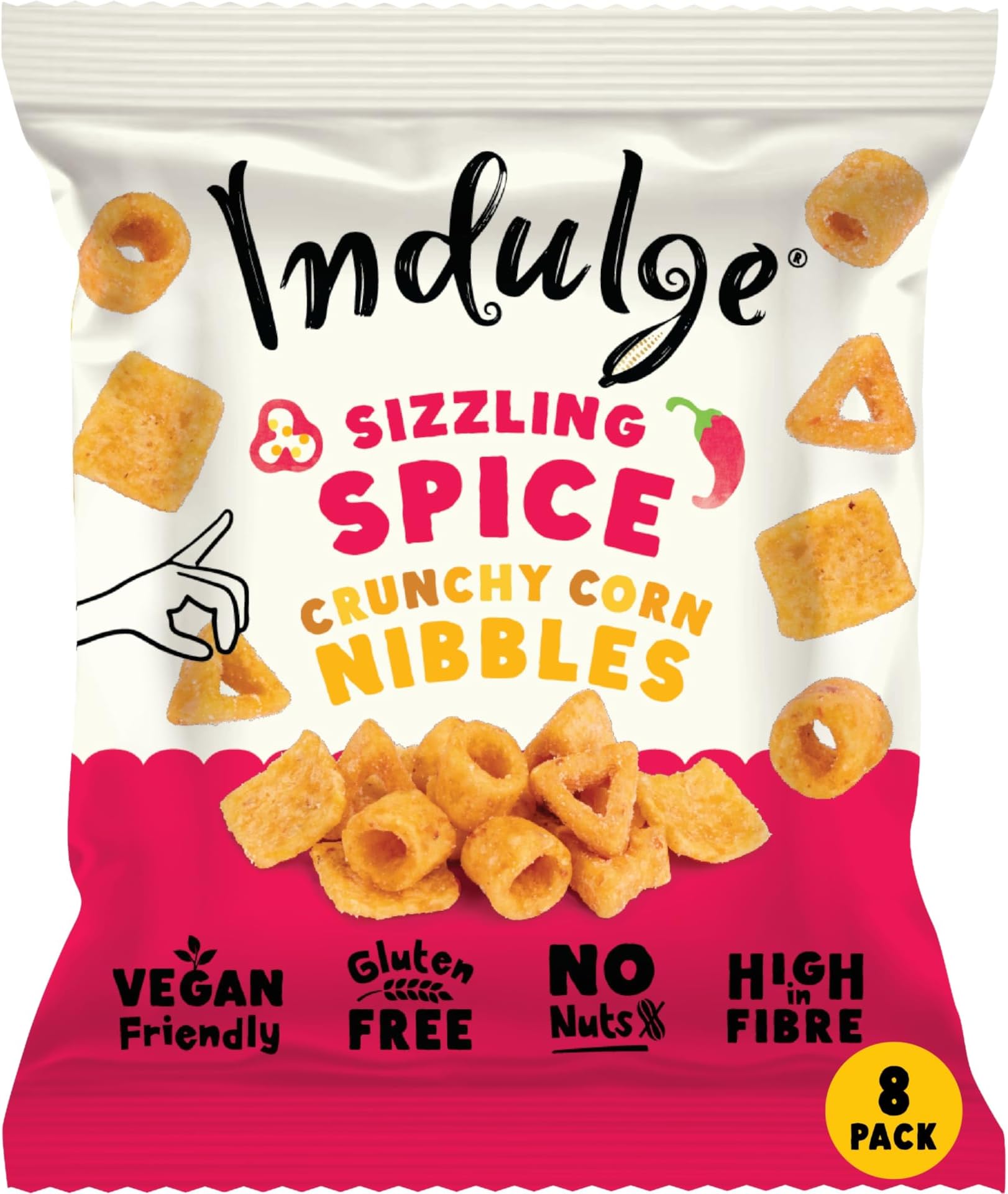 Indulge - Crunchy Corn Nibbles - Sizzling Spice Flavour - Gluten Free, Low Salt, Low Fat, Nut Free, Vegan - 20g x 8 bags (20g (Pack of 8), Sizzling Spice)