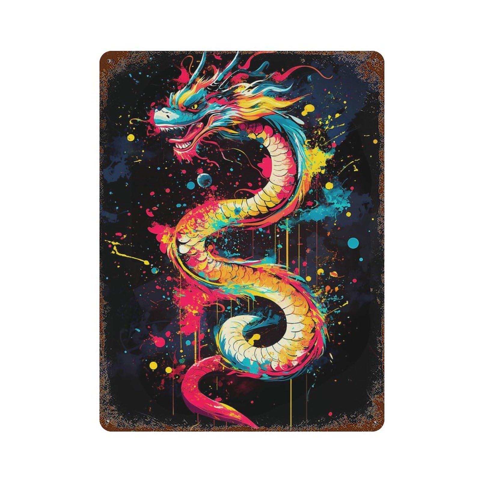 Colorful Dragon Art 15.7"x11.8" Rusty Metal Tin Sign, Farmhouse Wall Decor for Office, Studio And Wall Decor