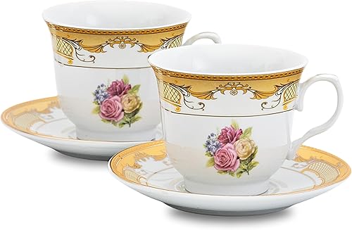 Miniatura 9 de Lujoso juego de té de porcelana – Juego de 8 piezas de fiesta de té vintage – Blanco con diseño de llave griega plateada – Platillos de 5.5 Meandro
