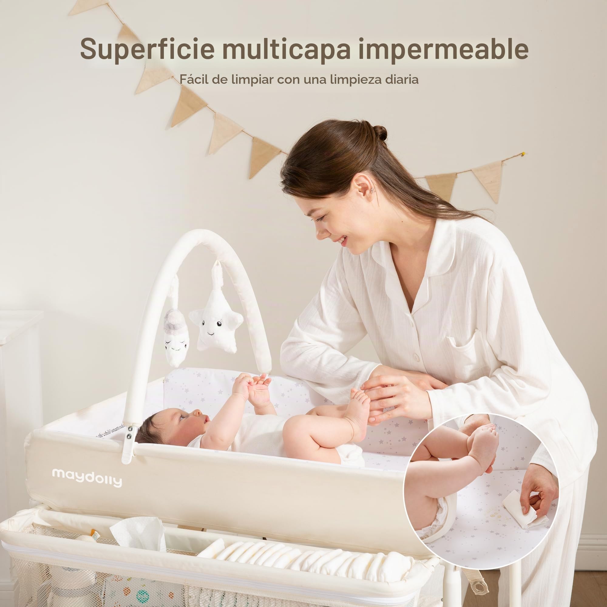 Maydolly Cambiador de Bebé Plegable y Portátil, Altura Ajustable, con Ruedas, 2 Cestas de Almacenamiento y Colchón Impermeable – Color Beige