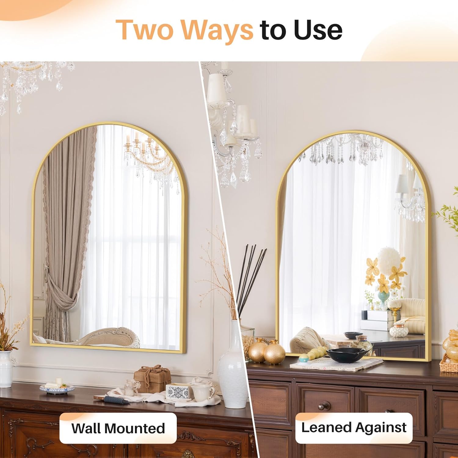 Bathroom Mirror for Wall, 30x20 Inch Arched Mirror, Matte Gold Metal Framed Bathroom Vanity Mirror for Restroom Farmhouse, Anti-Rust, Tempered Glass, Hanging or Leaning