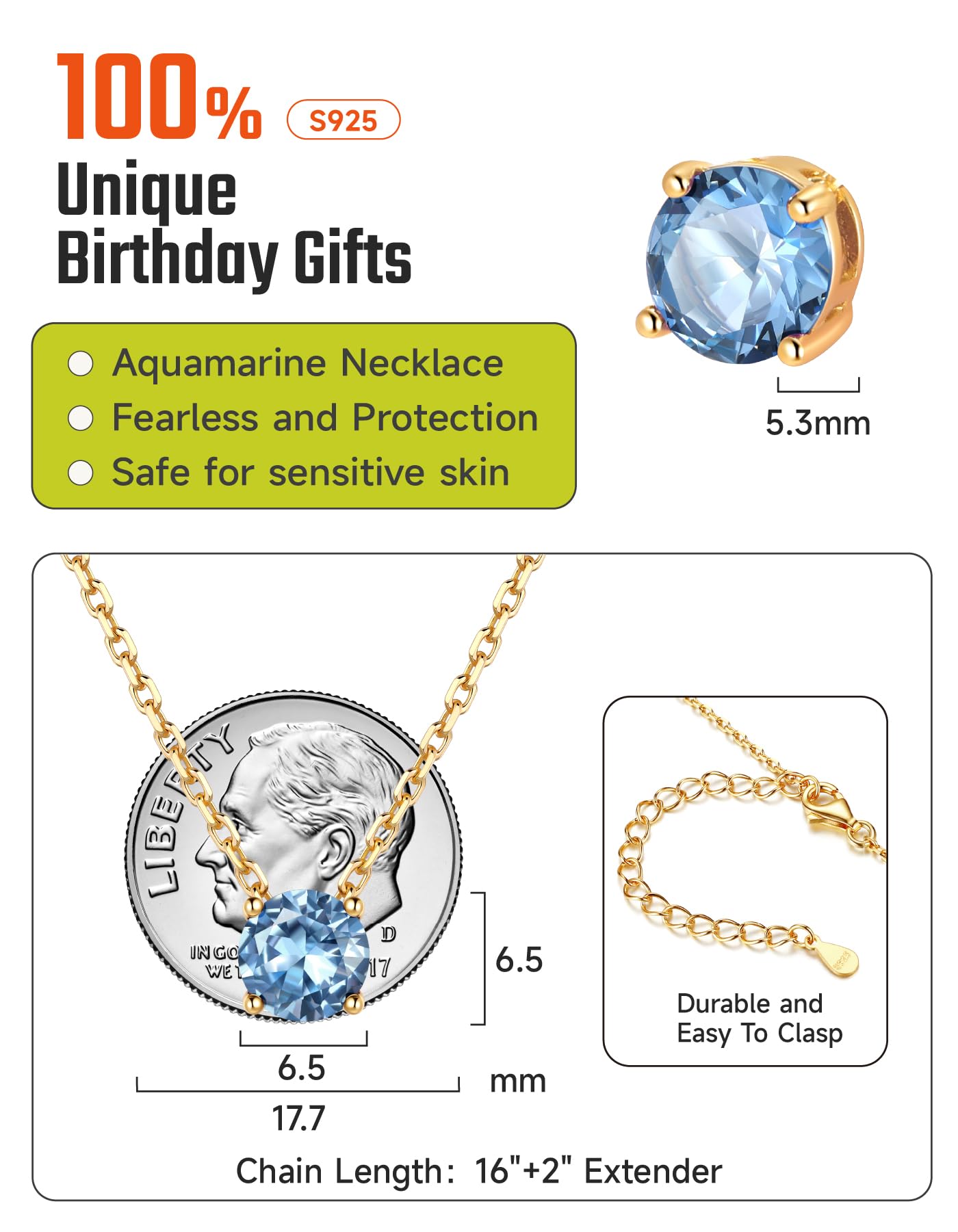 JustbeingCute Goldkette Damen Halskette Gold Kette mit Blauem Smaragd Stein | Kette mit Geburtsstein 585 Gold Vergoldet Solitär Schmuck Geschenk Weihnachten Valentinstag Muttertag für Frauen Freundin