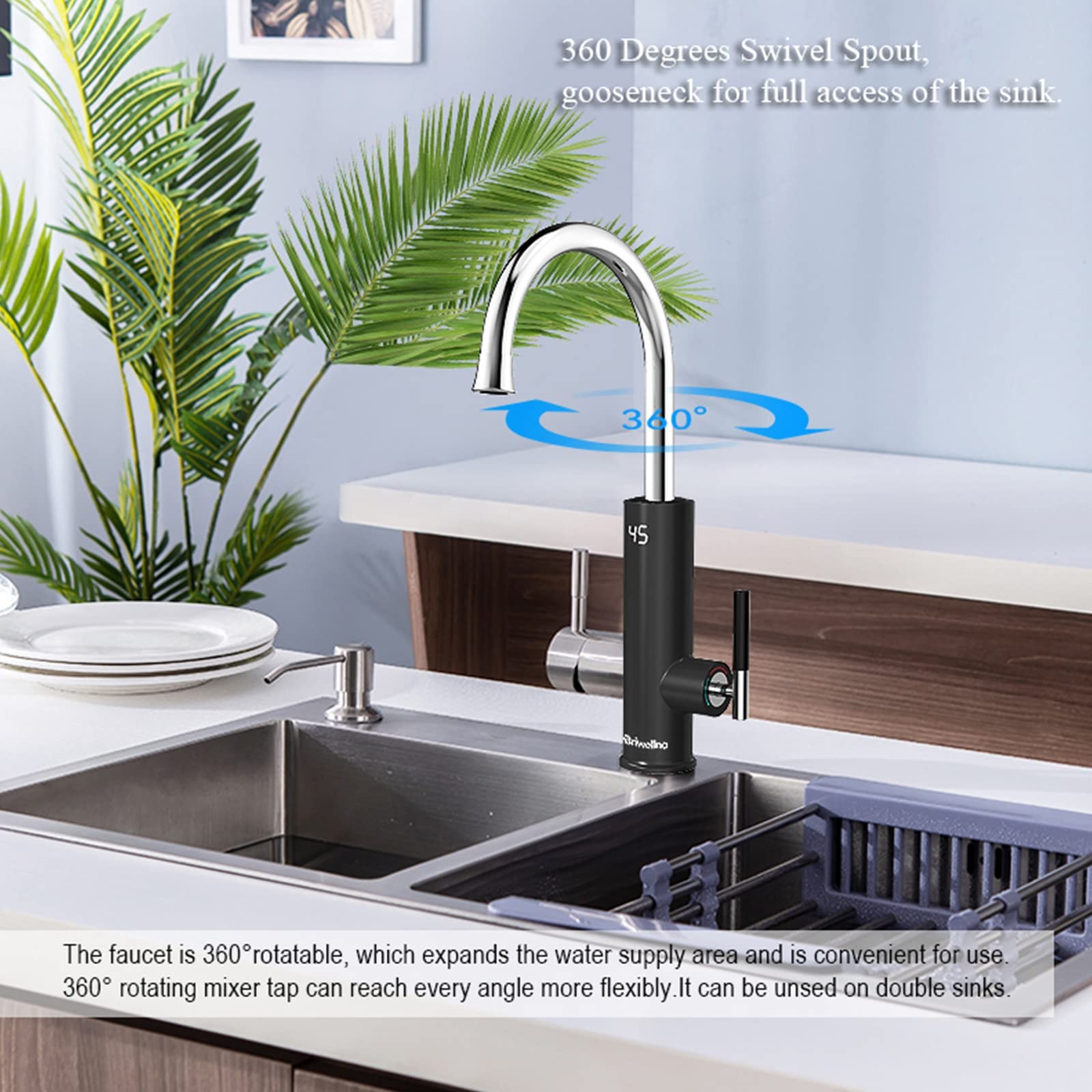 Rubinetto Cucina Nero, Rubinetto Scaldabagno Elettrico, Rubinetto Acqua Istantaneo Senza Serbatoio, Rubinetto Riscaldamento Rapido con Display Digitale a LED, Miscelatore Riscaldamento a Flusso