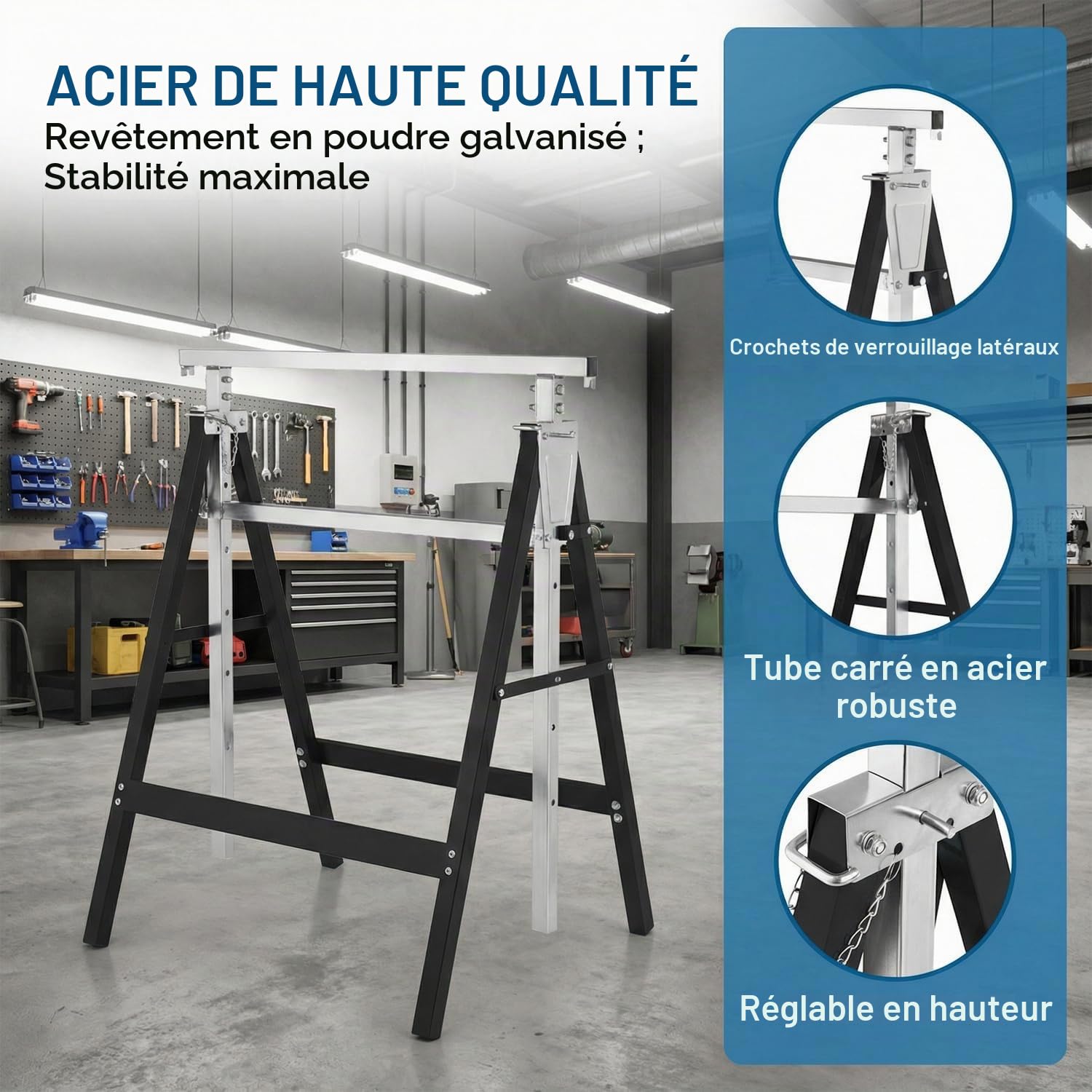 Fiqops Lot de 2 Tréteaux de Travail Pliables, Hauteur Réglable 80–130 cm sur 7 Positions, Charge Max. 400 kg par Paire, Tréteaux en Acier avec Verrouillage de Sécurité, Noir