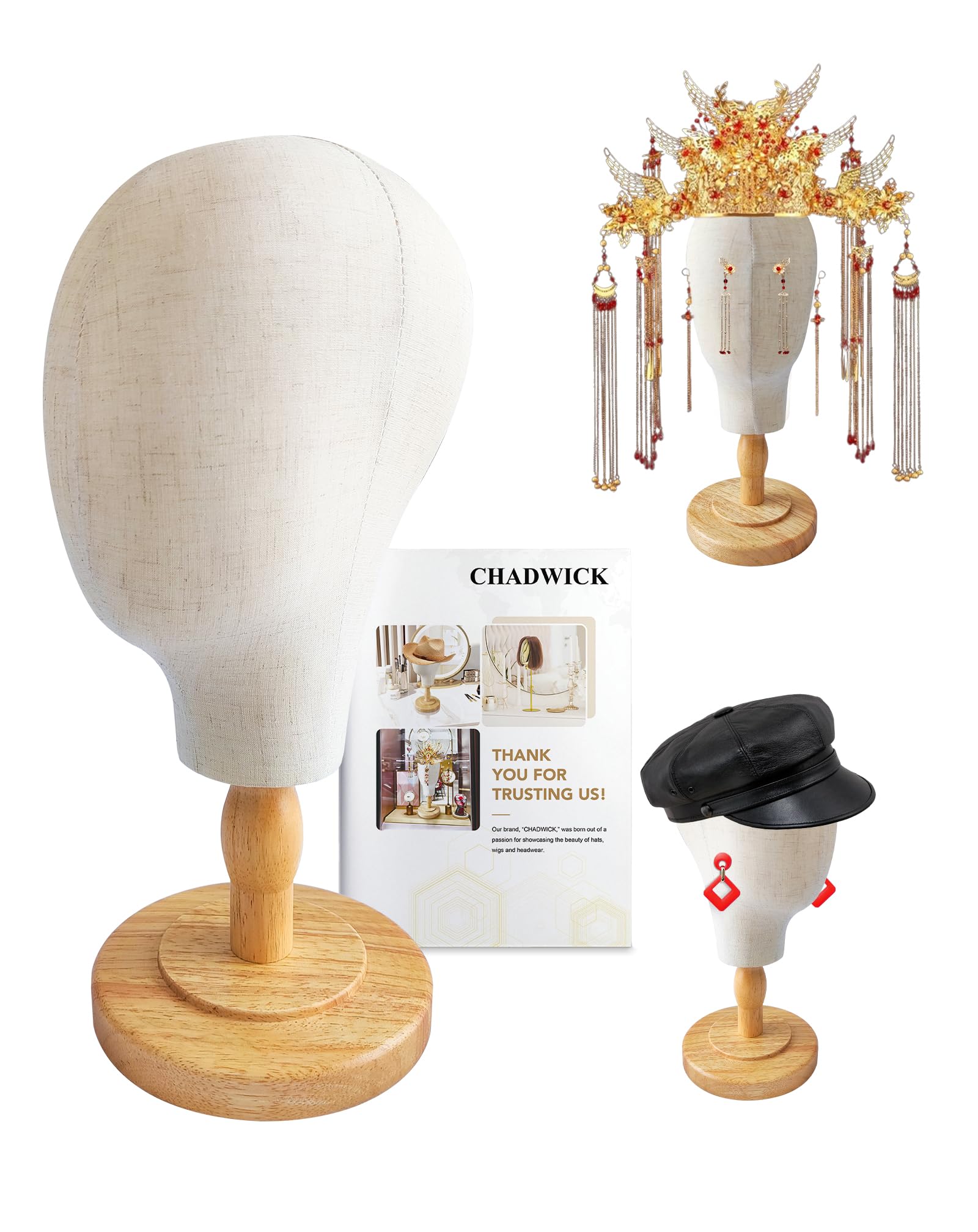 CHADWICK Canvas Wig Head Stand with Detachable Wood Stand - Great for Hats, Caps Display and Wig Making, 21Inch Mannequin Head Block, Dome Model Head, Helmet Jewelry Glasses Headband Display