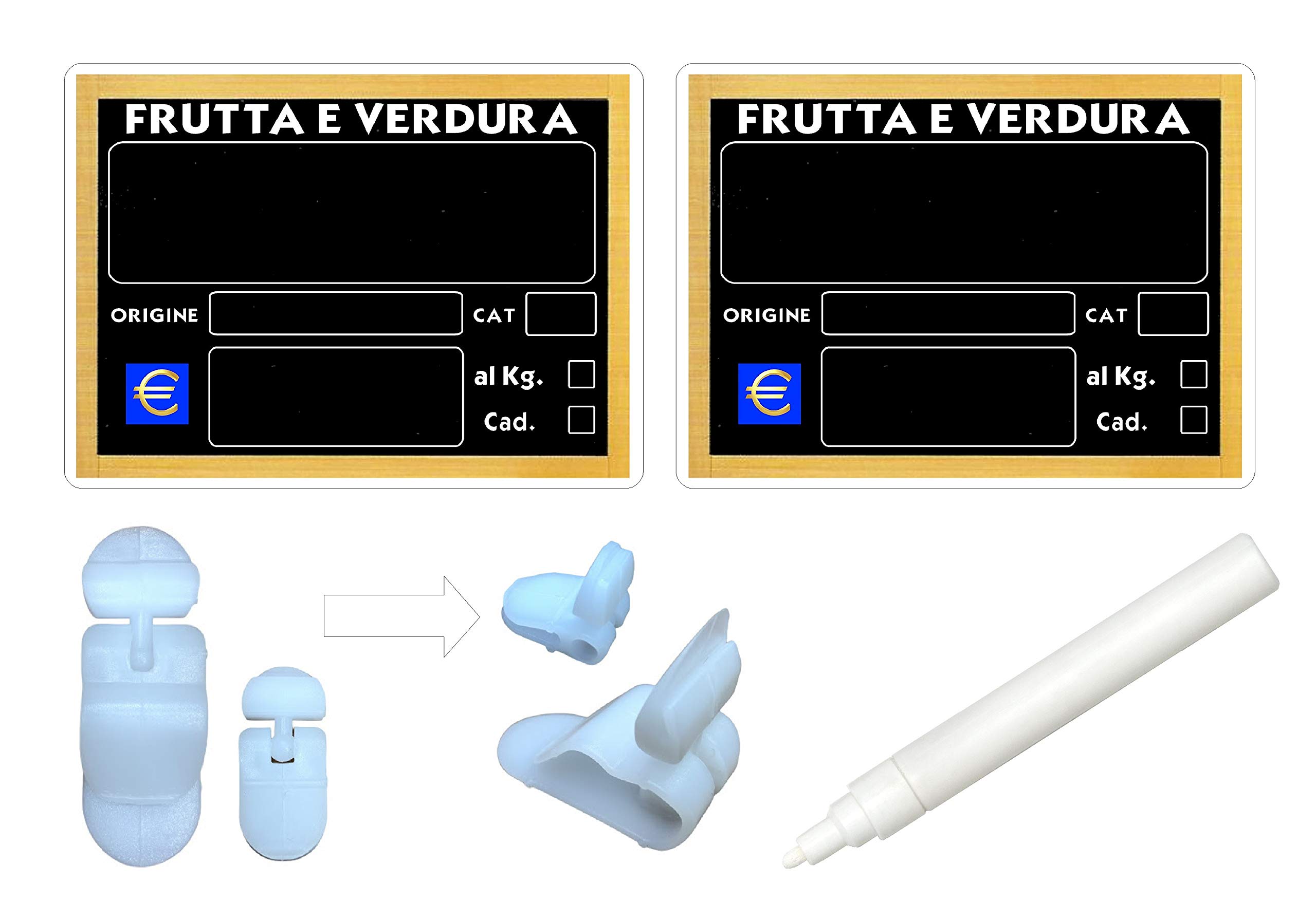 KIT 30 SEGNAPREZZI BIFACCIALI PLASTIFICATI FRUTTA E VERDURA 8,3X11,3 cm. +30 SUPPORTI +1 PENNARELLO BIANCO PER ALIMENTI