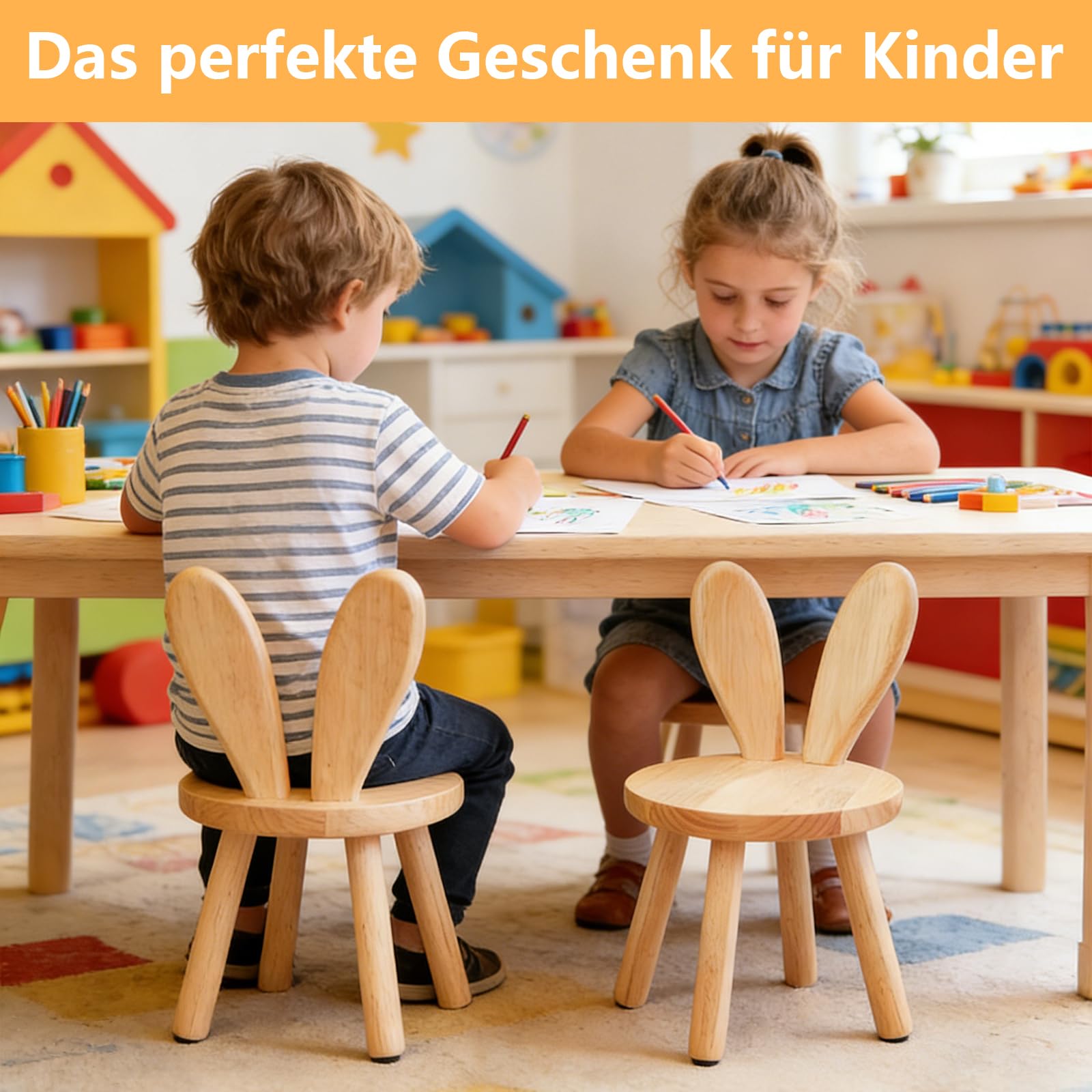 Kinderstuhl Holz, 43 x Ø 26 cm Massivholz Kinderstühle mit Hasenohren Rückenlehne, Kinderhocker für Kinder ab 2 Jahr Essen Malen Spielen