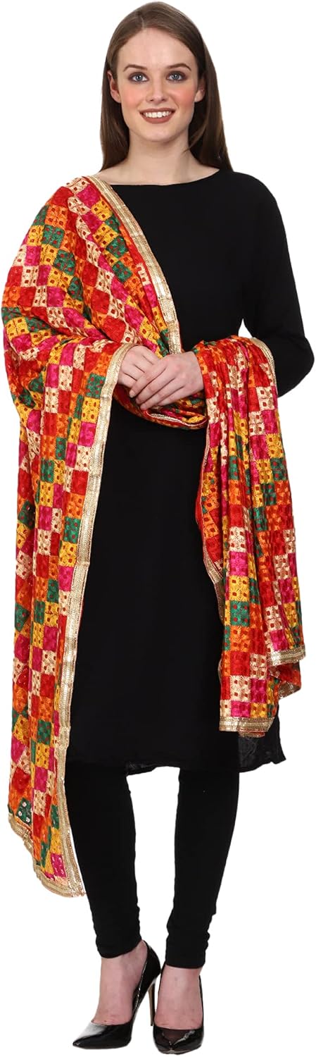 Women's Embroidered Phulkari Chiffon Dupatta Free Multicolour - Image 2