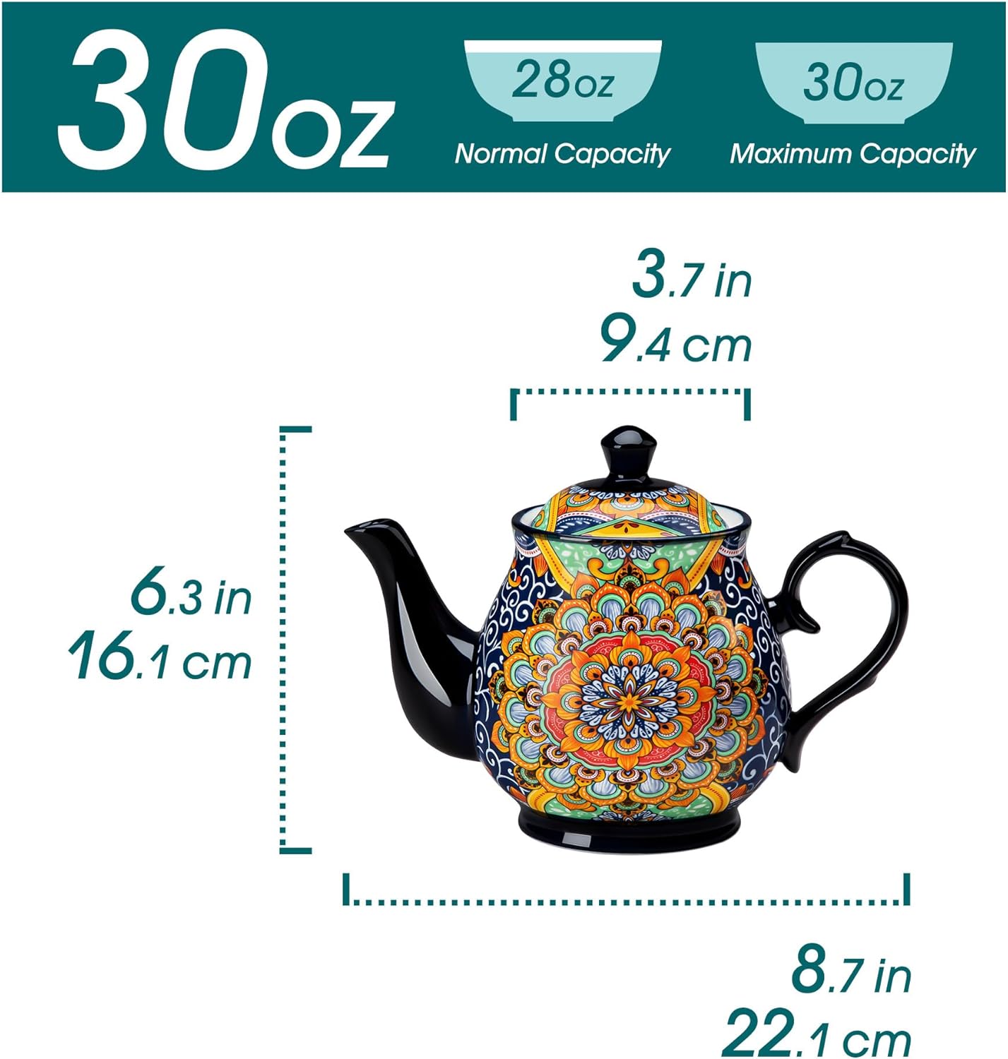 vancasso SIMI 28 oz Porcelain Teapot, Bohemian Ceramic Tea Pot with Regal Bloom Pattern, Microwave & Dishwasher Safe