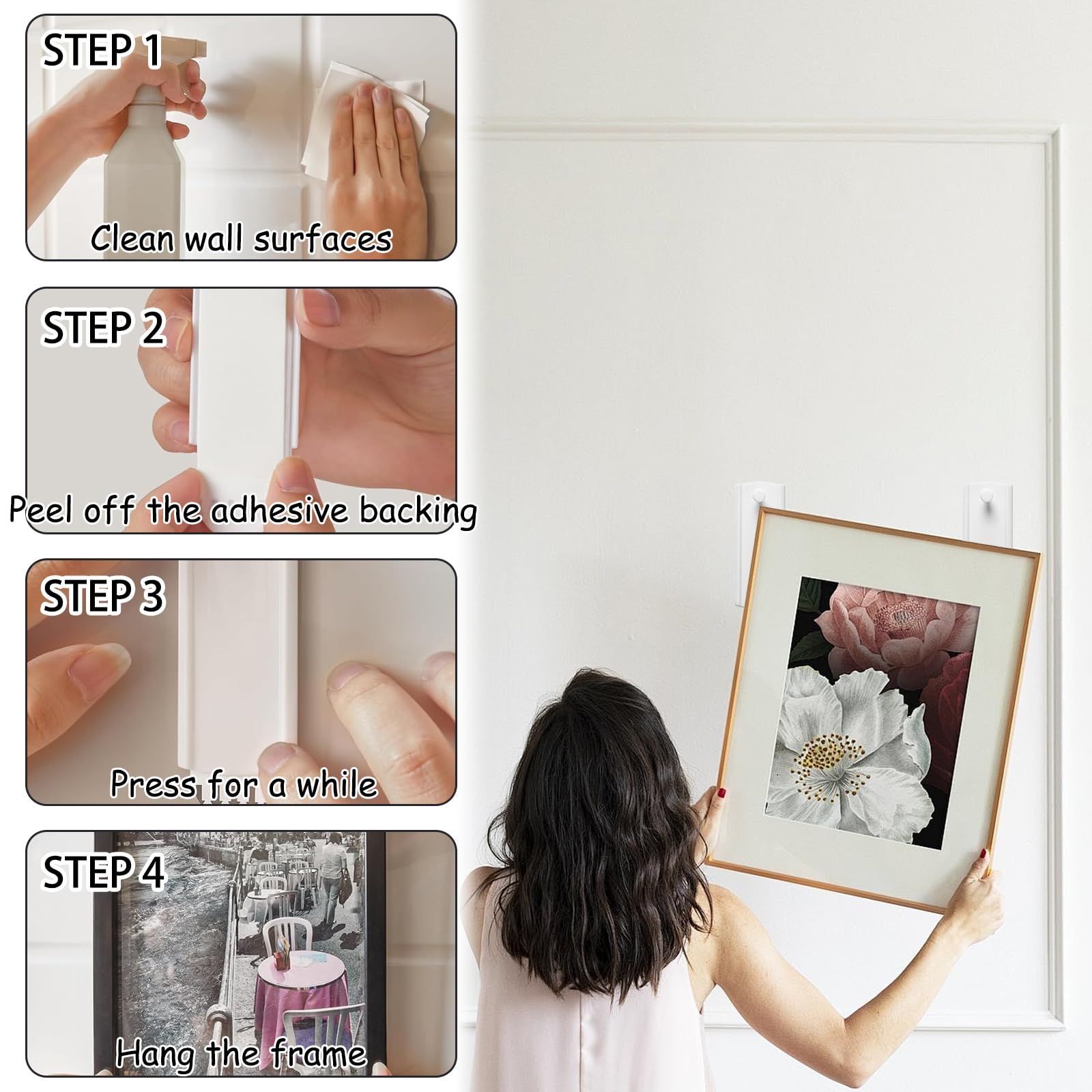 8 Crochets Autocollants Pour Cadres Photo - Sans Perçage, Adhésif Fort - Pour Murs Lisses : Carrelage, Verre, Bois