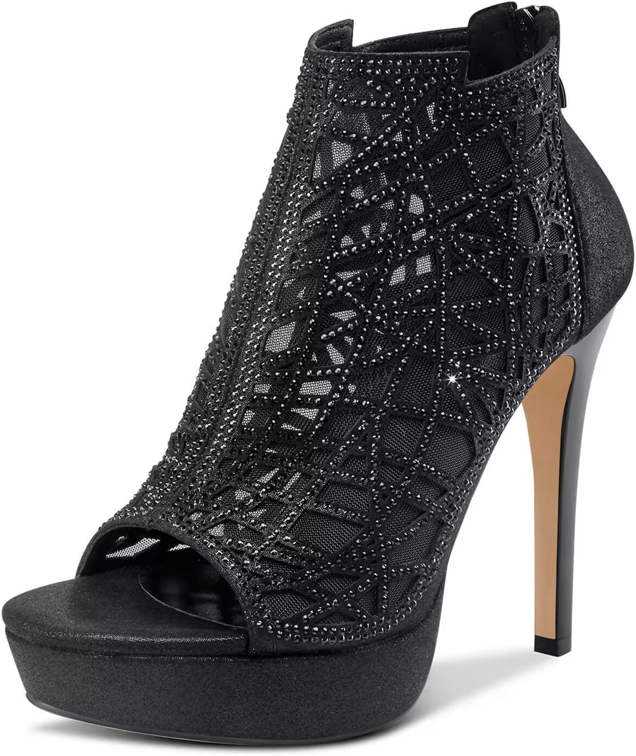 HDEUOLM Women Crystal Stiletto Platform Sandals Peep-Toe High Heels Roman Sandals With Zipper 5.1 Inch Heel