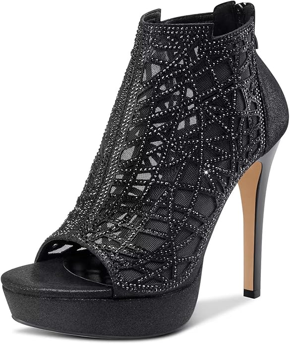 HDEUOLM Women Crystal Stiletto Platform Sandals Peep-Toe High Heels Roman Sandals With Zipper 5.1 Inch Heel