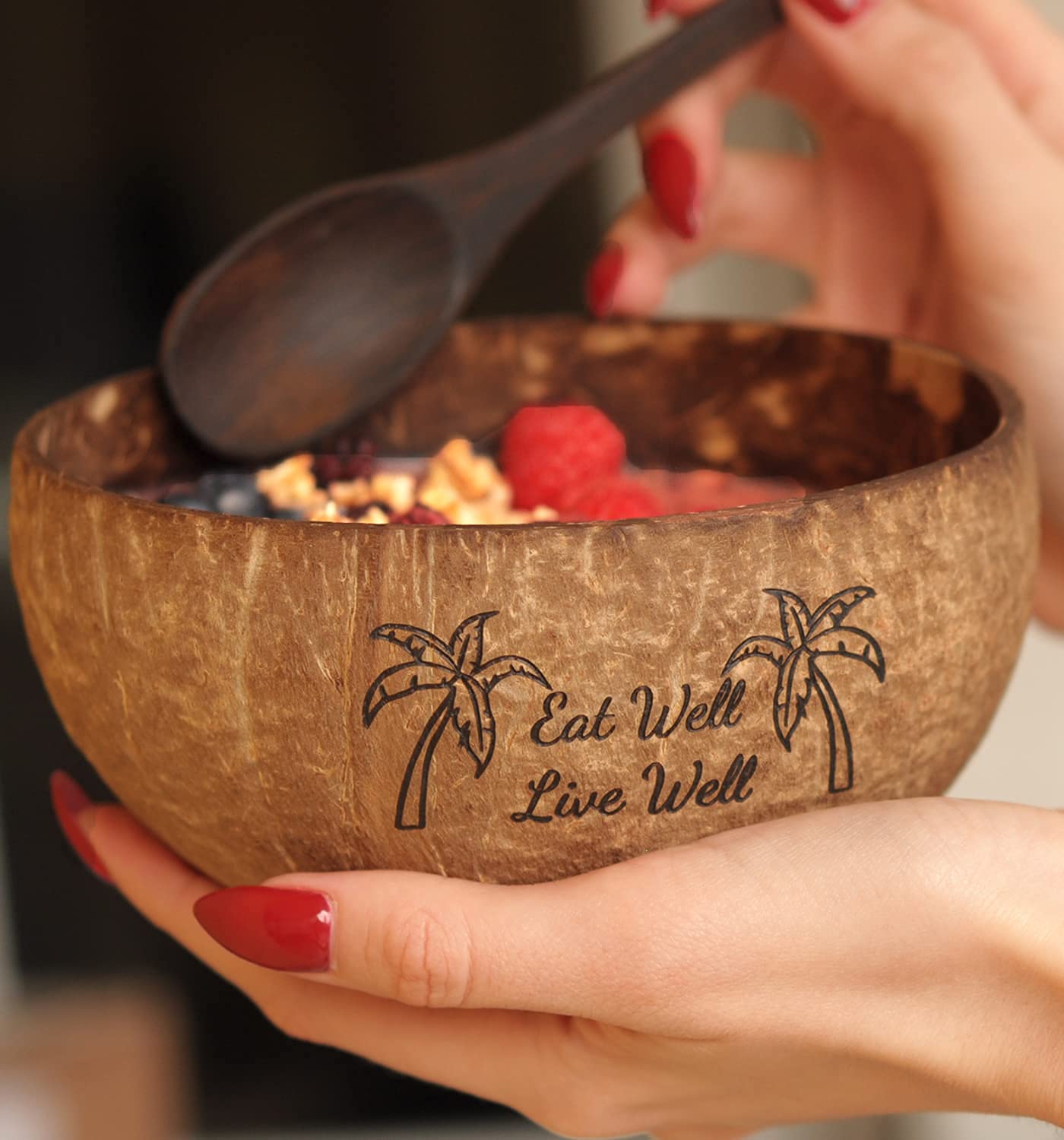 Lot De 8 Bols En Noix De Coco + Cuillères Bois - 350ml - Naturel - Pour Salades, Desserts, Smoothies