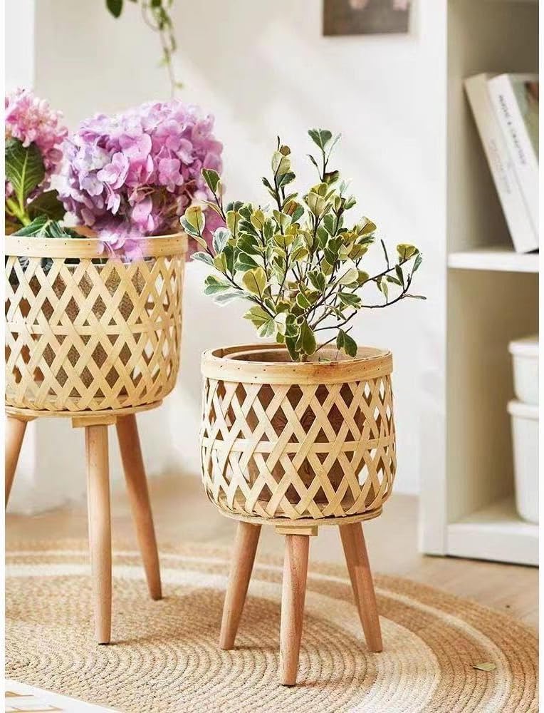 Diexgiy北欧風の無垢材ラタンフラワースタンド、リビングルームソファサイドテーブル、フロアスタンド、竹製収納ラック、コーナーバル