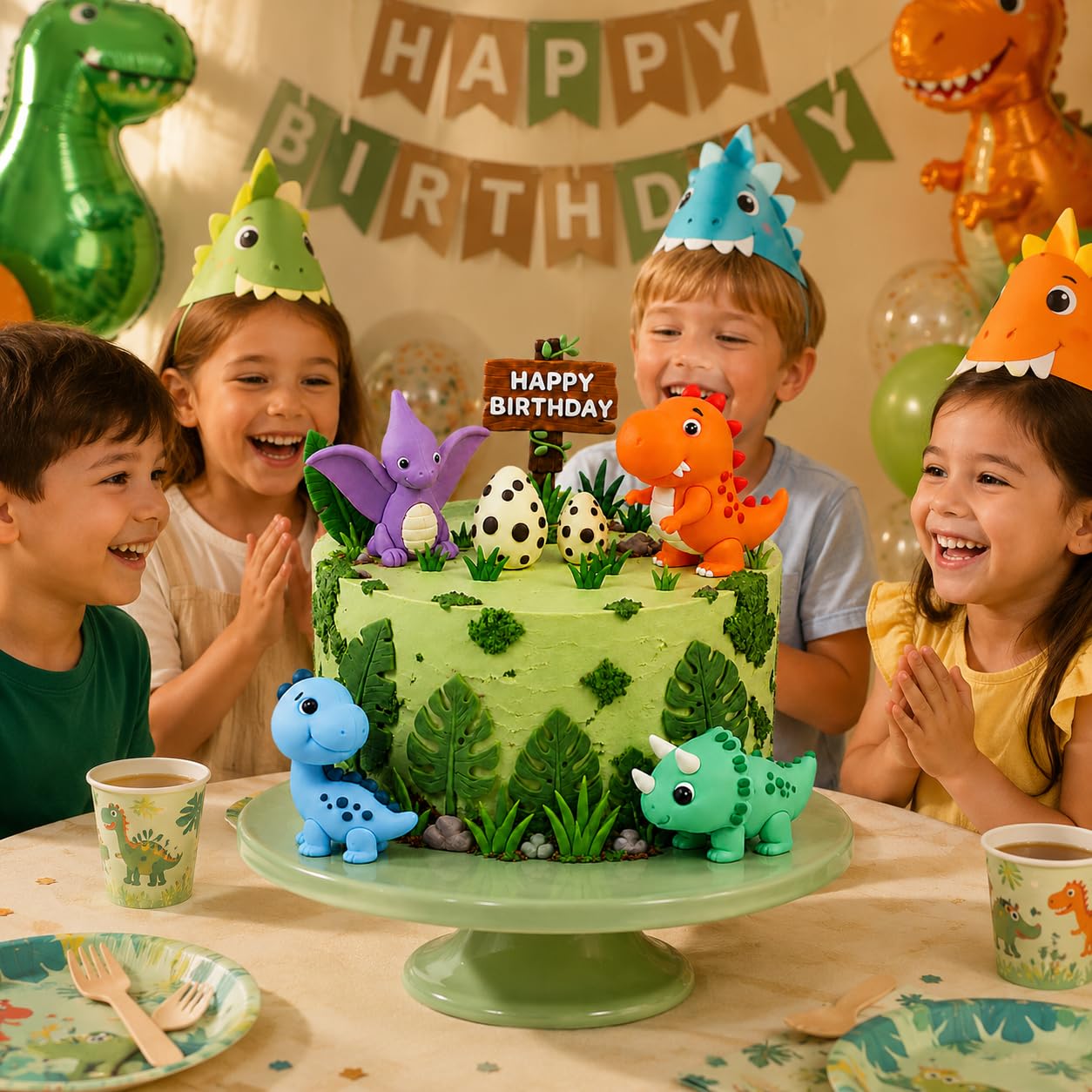 17-częściowa dekoracja tortu 3D z jajkami dinozaurów, liśćmi i tabliczką "Happy Birthday", na urodziny dziecka, imprezę tematyczną i baby shower, dekoracja tortu dla chłopców i dziewczynek