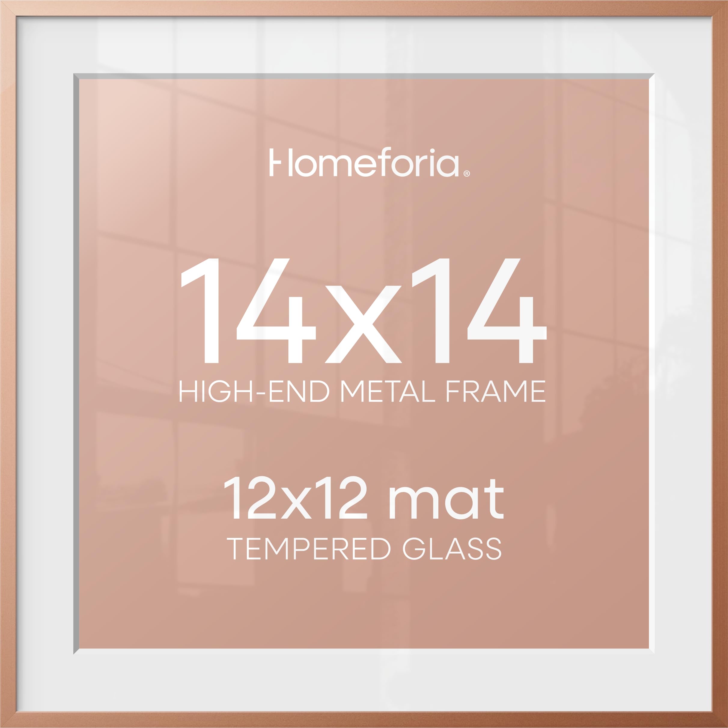 Homeforia 14x14 Rose Picture Frame, High-End Metal, 12x12 Mat, Glass | High End Aluminum, Tempered Glass, Acid-Free 12x12 Removable Mat, 14x14 in Edge-to-Edge Display 14x14, Wall Kit, Set Of 1