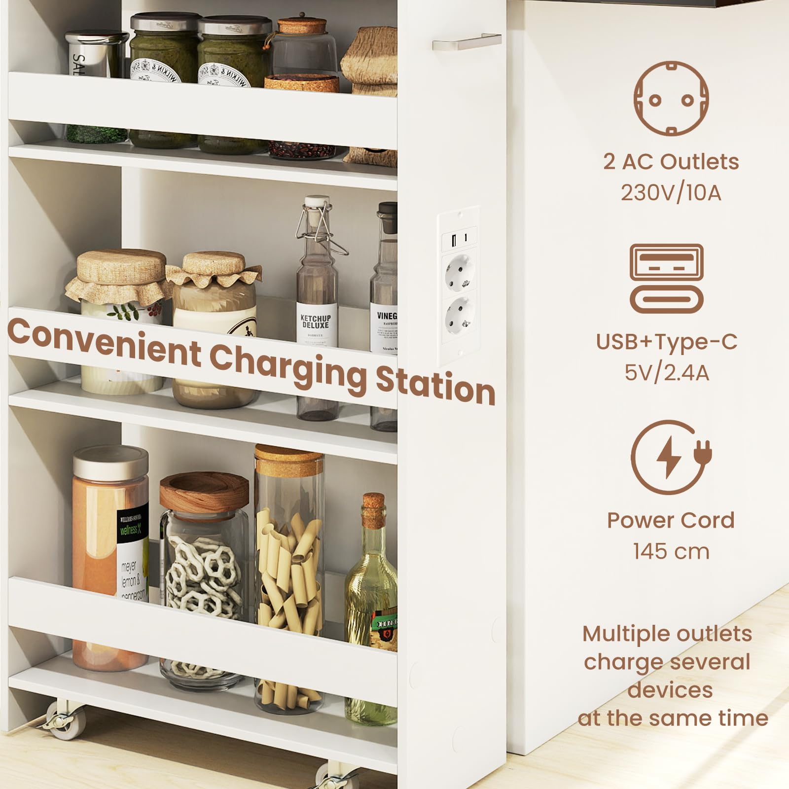 KOMFOTTEU Carro de Cocina de 4 Niveles, Carrito Auxiliar con Estación de Carga, Carrito Estrecho Ahorra Espacio con 4 Ruedas, Mueble de Almacenaje para Baño (Blanco e Industrial, 47,5 x 20 x 80,5 cm)