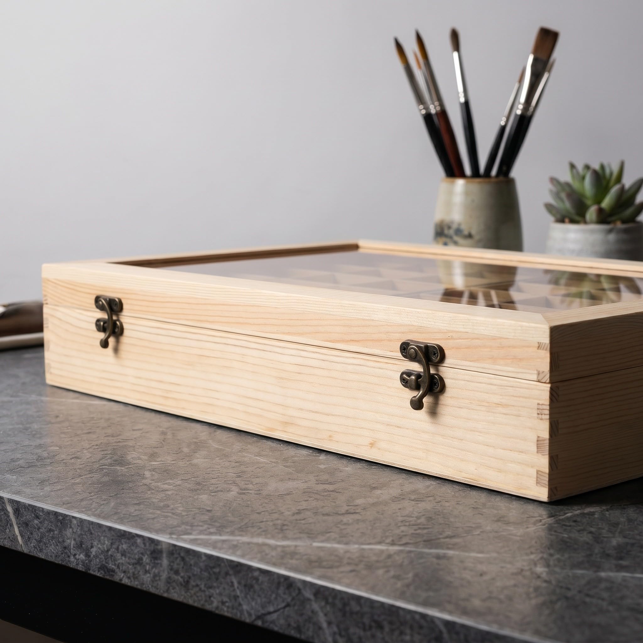 Operitacx Holz Mineralienprobenbox mit 30 Fächern und Glasdeckel