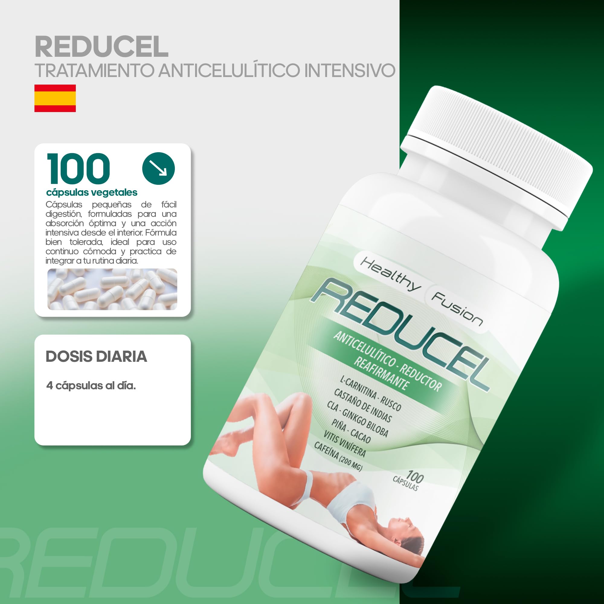 Reducel Potente Reafirmante Anticelulítico 100 Cápsulas L-Carnitina Cafeína CLA