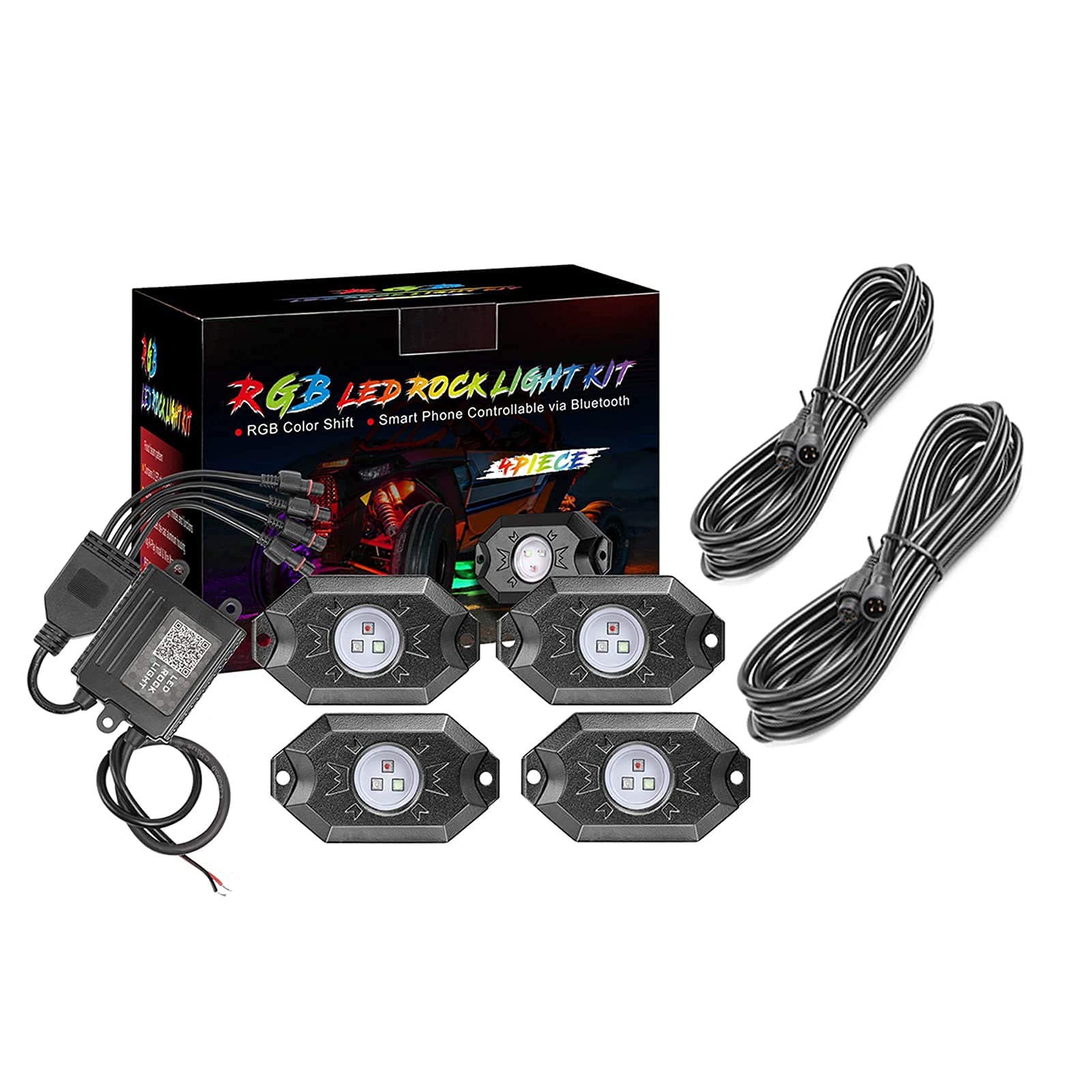 Teochew-LED RGB Rock Lights Kit 4 Pods with 2PCS LED Rock Lights Extension Wire Cable