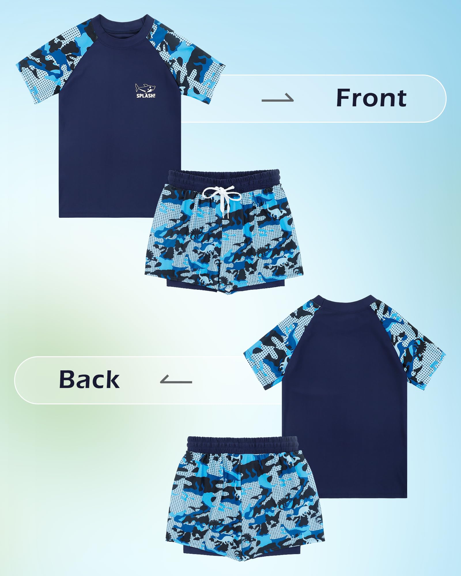 KAKU NANU Badeset für Jungen (104–164 cm) 2-teilig Kurzarm Rashguard Shirt mit doppellagigen Badeshorts Sonnenschutz Schwimmbekleidung für Kinder Blau