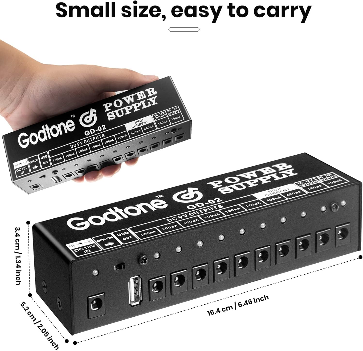 Godtone Guitar Pedal 10 DC Outputs for 9V 12V 18V Effect Pedal Power Supply with USB(5V2A) Port GD-02