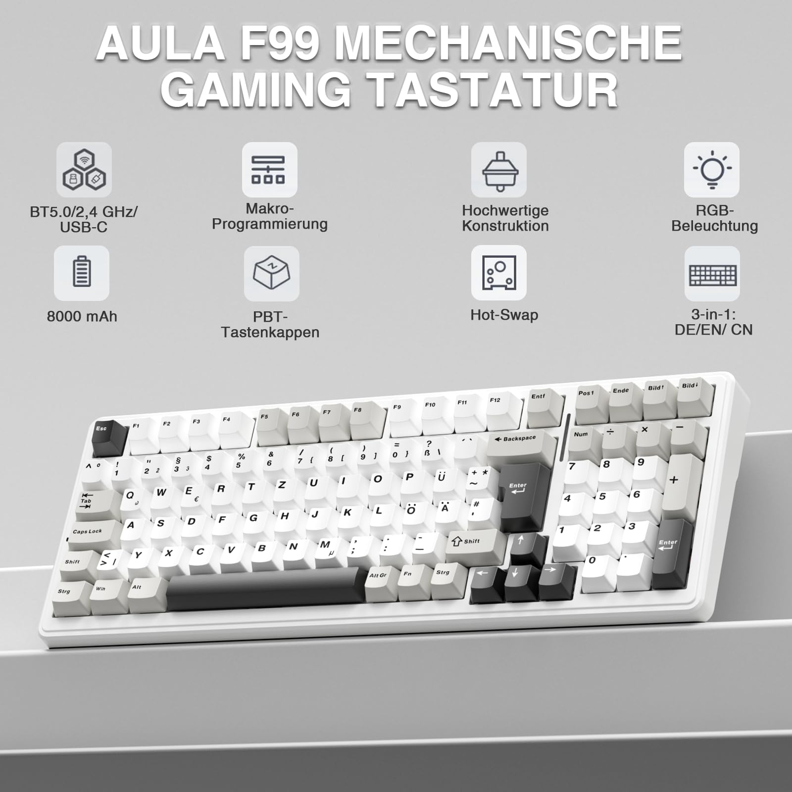 AULA F99 Kabellose Gaming Tastatur Mechanisch QWERTZ DE-Layout BT5.0 2.4G USB-C Gasket Hot Swap RGB PBT 8000mAh 95% (Weiß Grau)