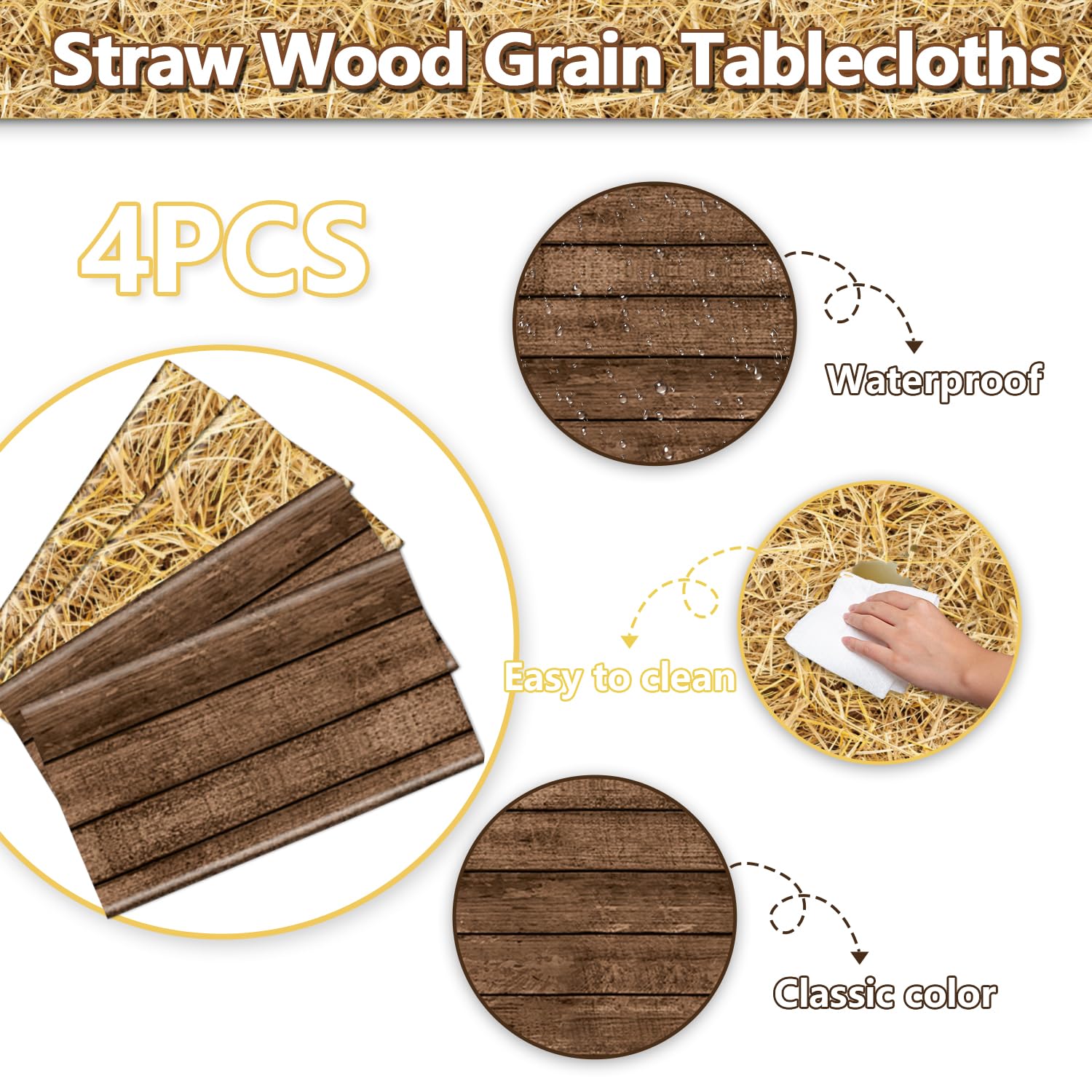 PTECDROTS 2Pcs Straw Tablecloths and 2Pcs Wood Tablecloths Rectangular Straw Wood Grain Table Decorations for Farm Party Cowboy Western Theme Party Supplies - Image 3