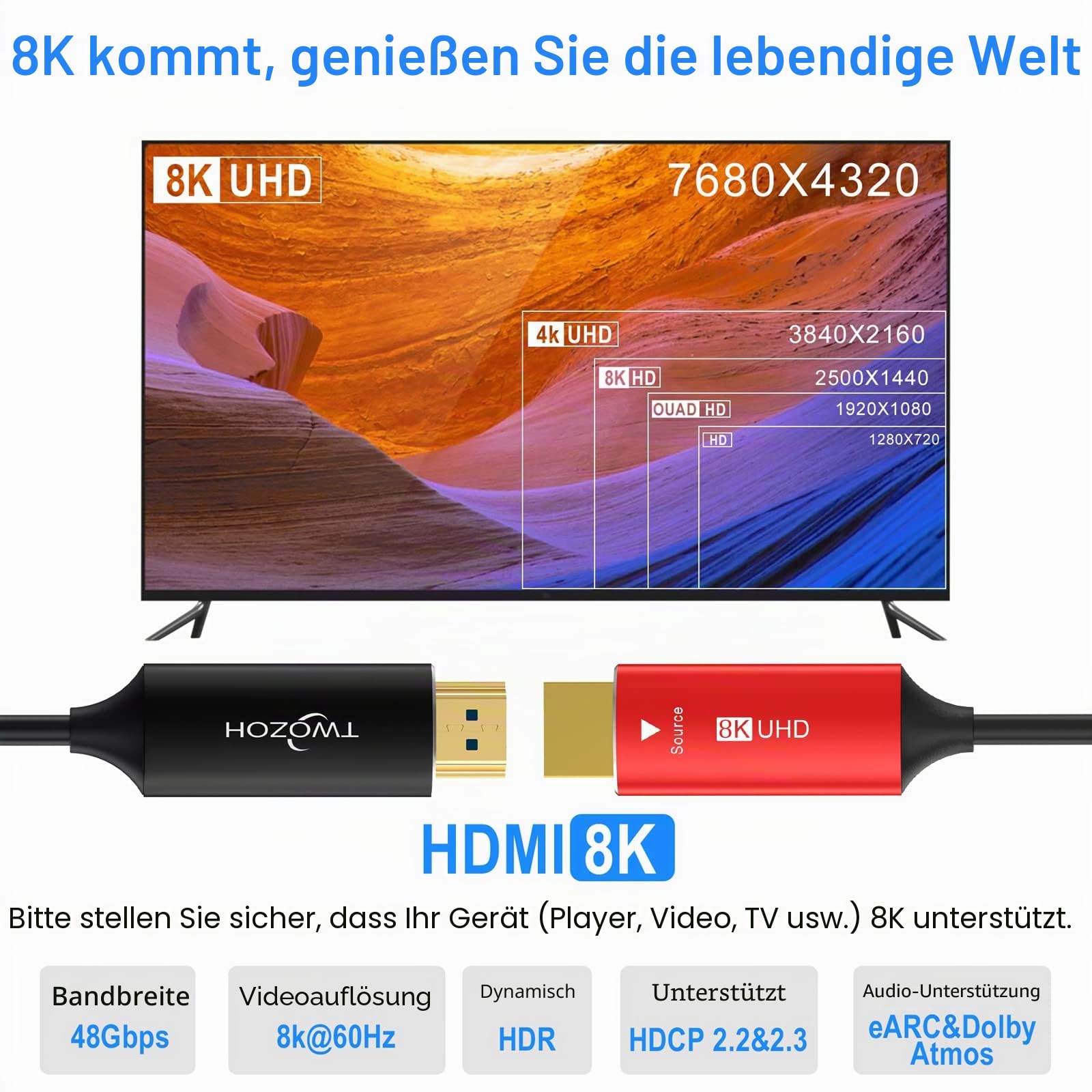 Twozoh 8K Glasfaser HDMI Kabel 50M, Hochgeschwindigkeits HDMI 2.1 Optisches kabel unterstützt 48Gbps 8K@60Hz, 4K@120Hz
