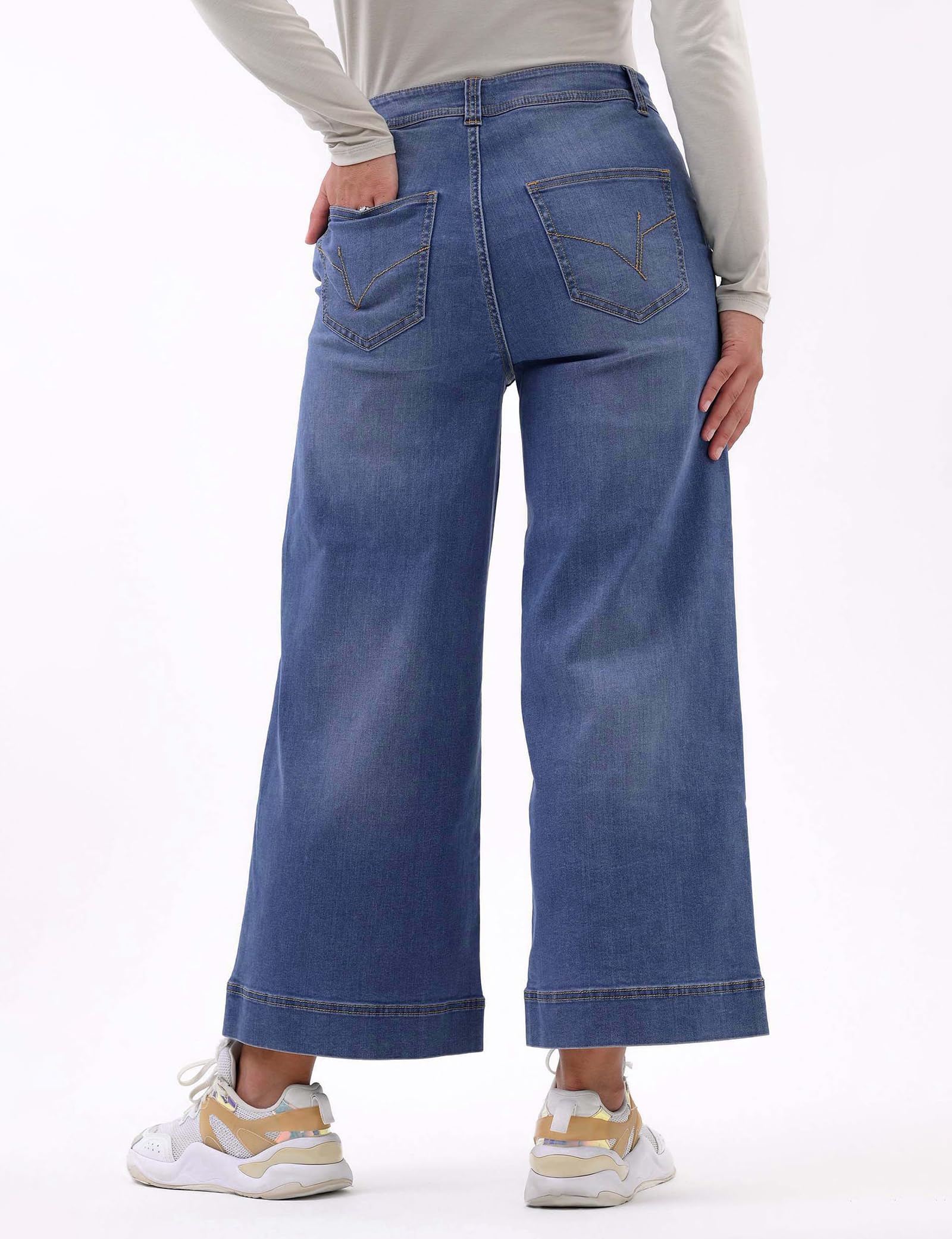 Jupe-culotte en jean taille haute pour femme avec quatre poches, fermeture à bouton sur le devant, tissu extensible et jupe-culotte à jambe large