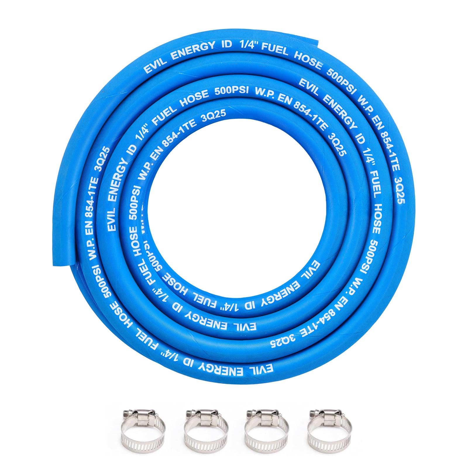 EVIL ENERGY 1/4" High Pressure Fuel Line Hose 15FT 500PSI E85 for Fuel Systems Engines NBR Rubber EN854-1TE Blue