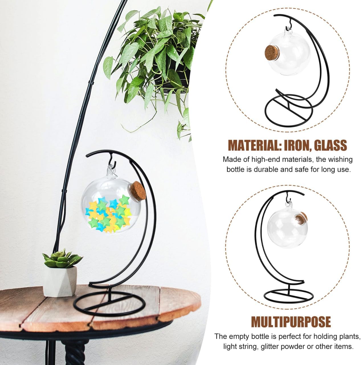 DECHOUS Hanging Wishing Jar Transparent Landscape Bottle with Cork Lid and Moon Iron Rack for Home Decor Desktop Ornament Holder for Origami Stars and Small 10.23 X 6.69 X 4.72 Inches image 3